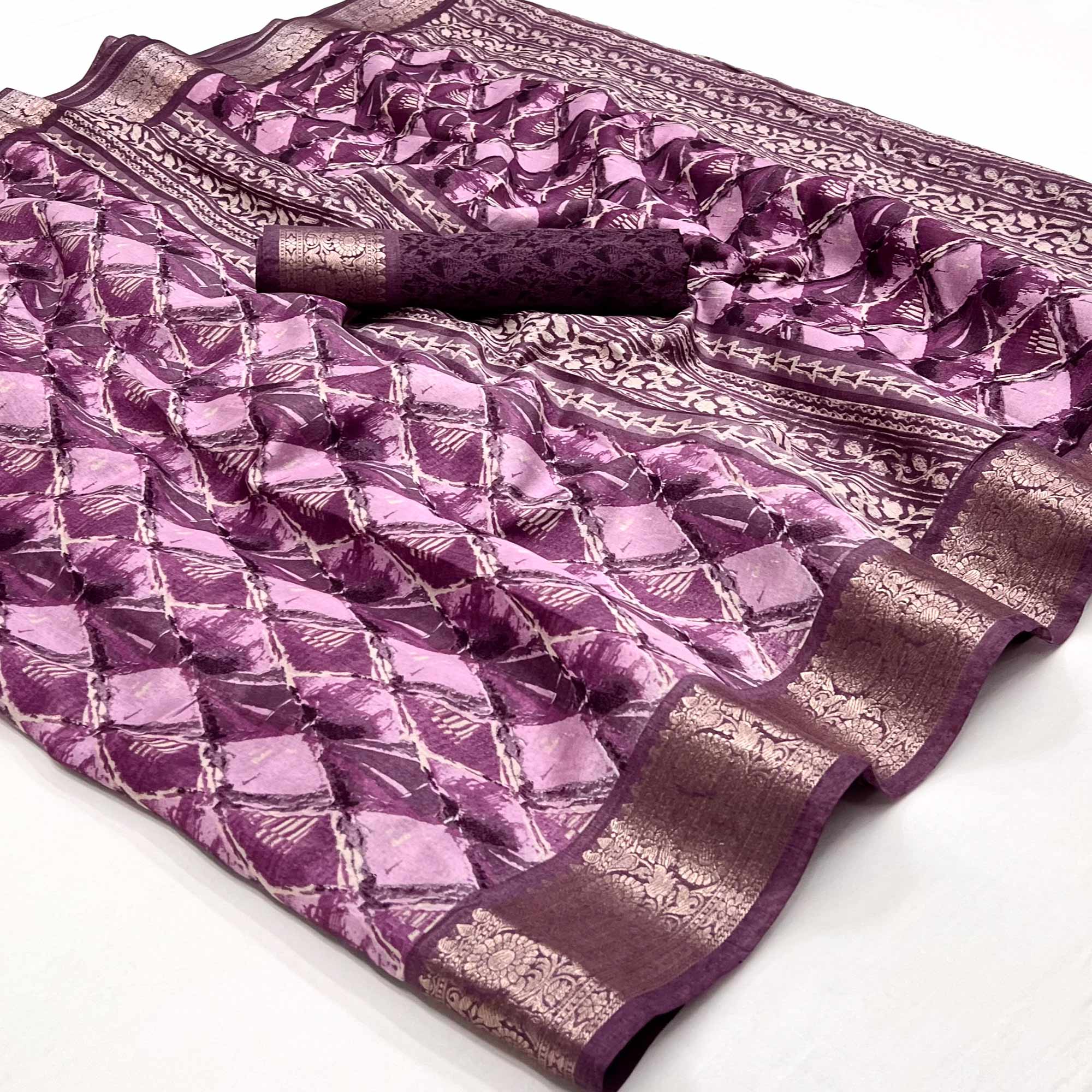 Purple Floral Printed With Woven Dola Silk Saree