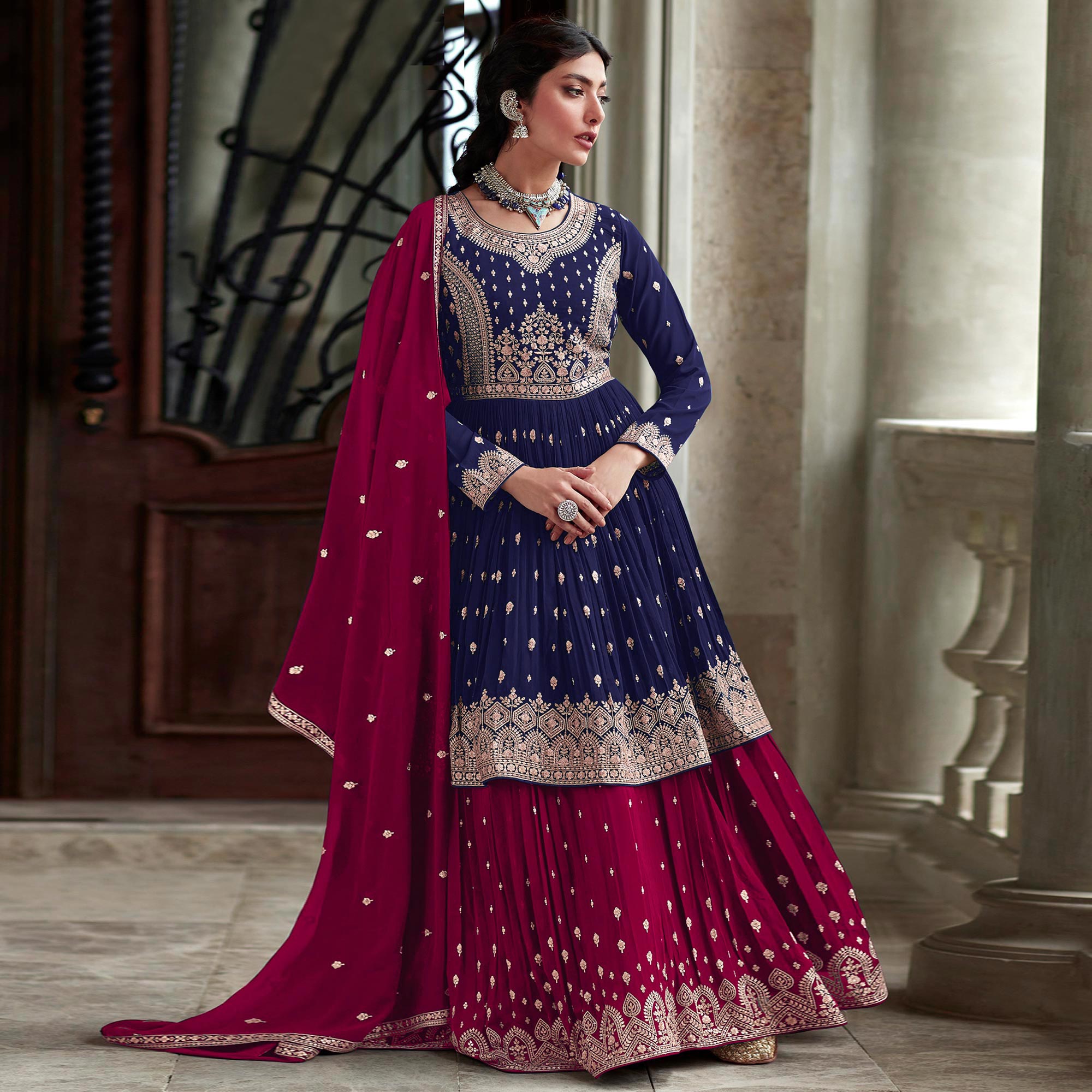 Navy Blue Floral Embroidered Georgette Sharara Suit