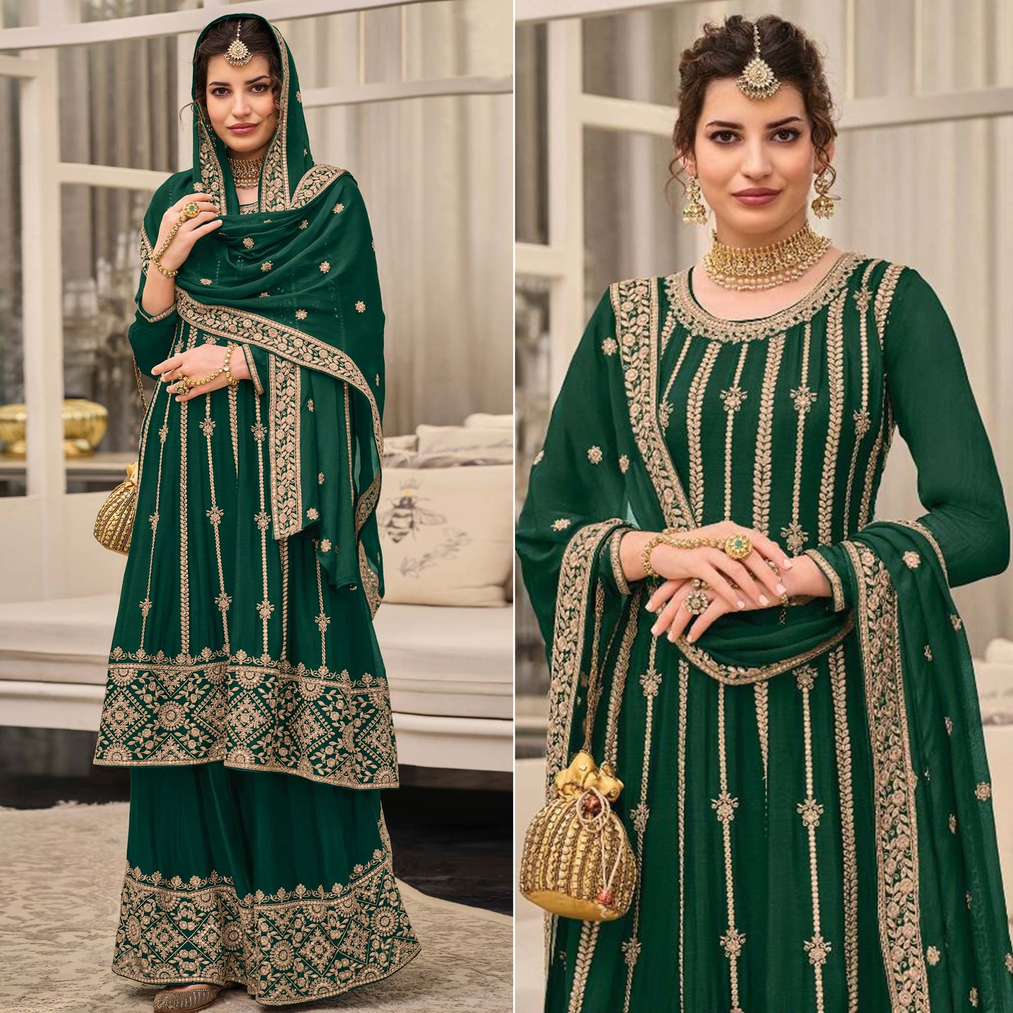 Green Floral Embroidered Georgette Sharara Suit