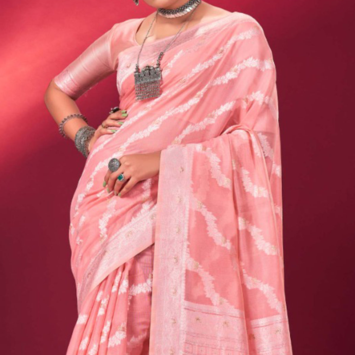 Pink Woven Cotton Silk Saree With Tassels