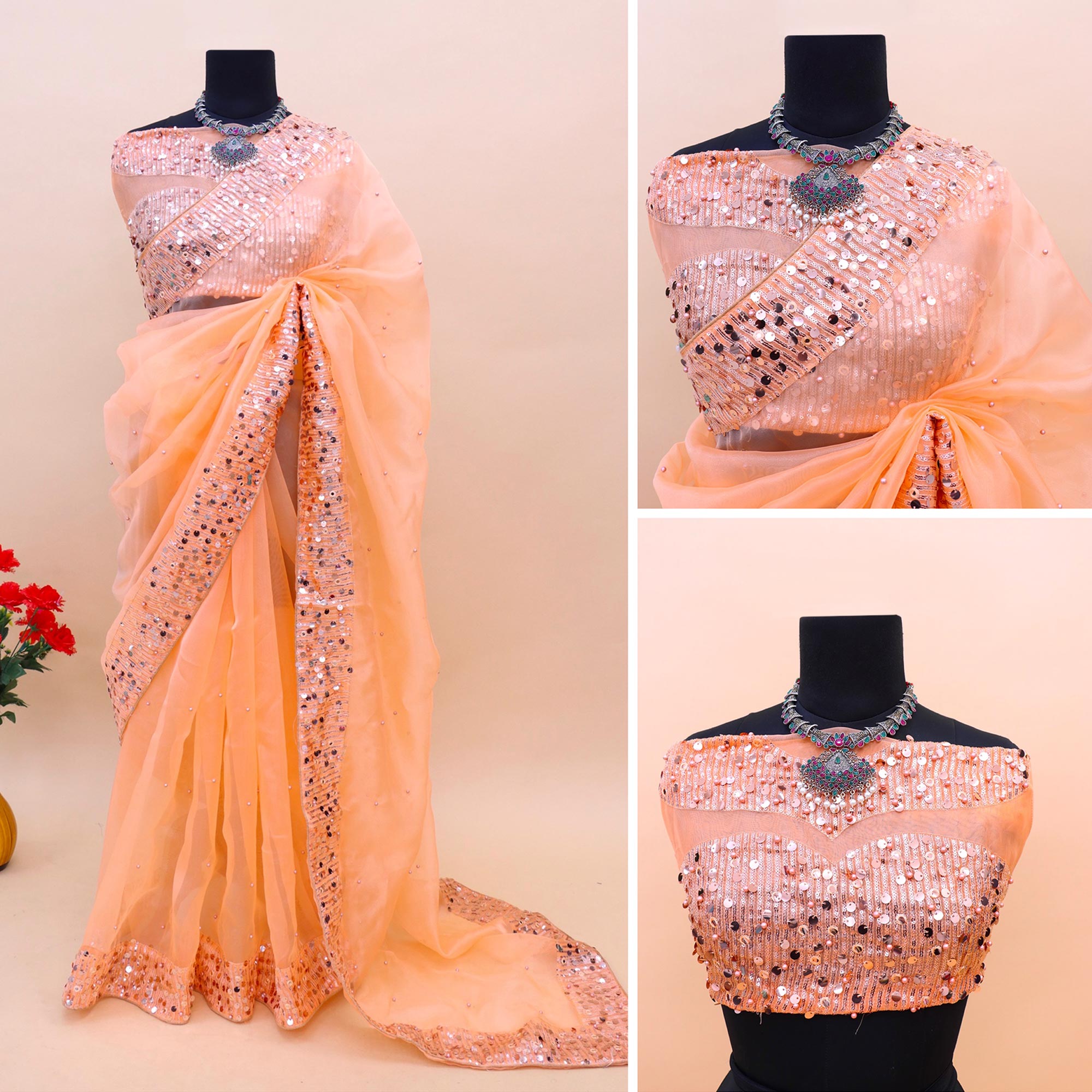 Peach Sequins Embroidered Organza Saree
