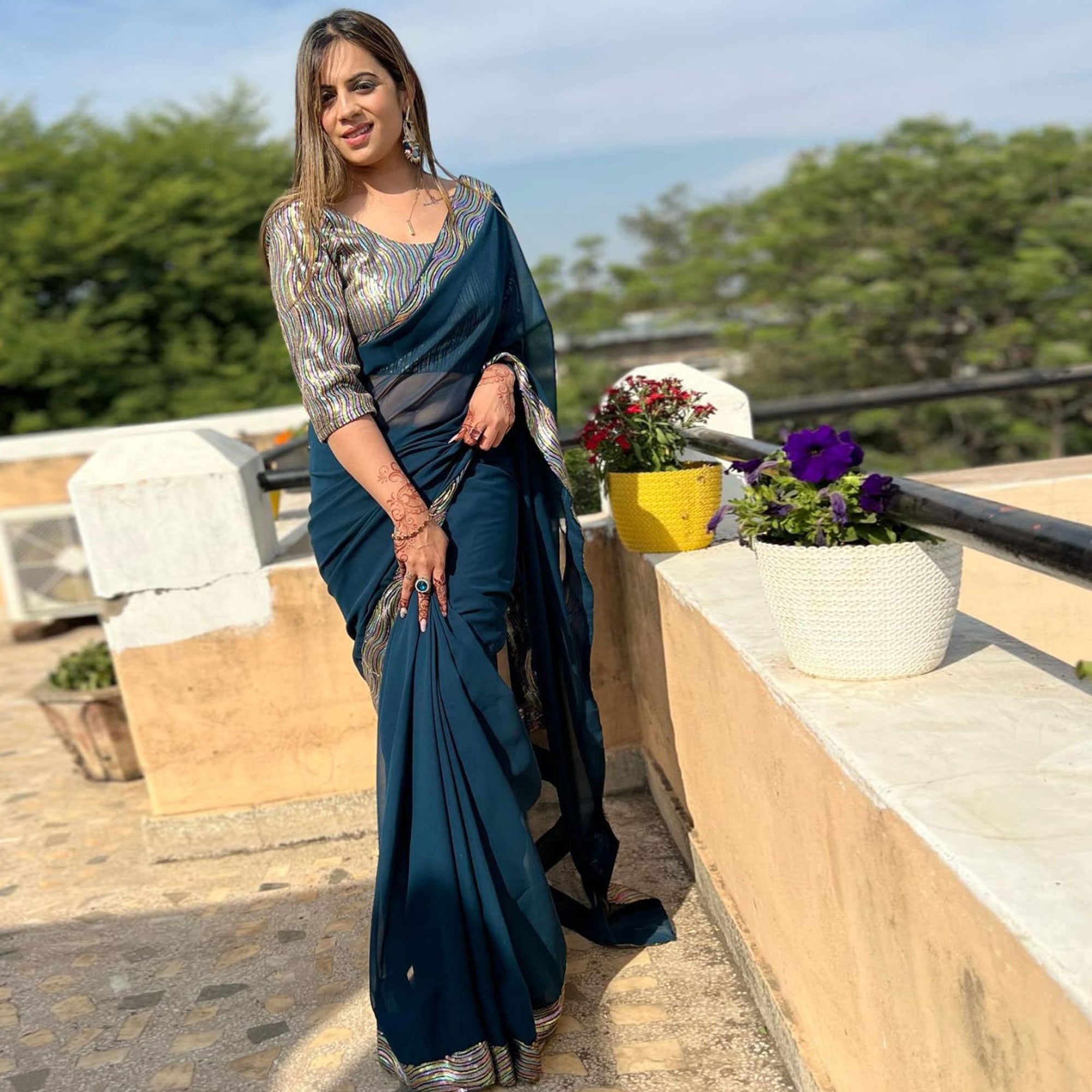 Blue Sequins Work Georgette Saree