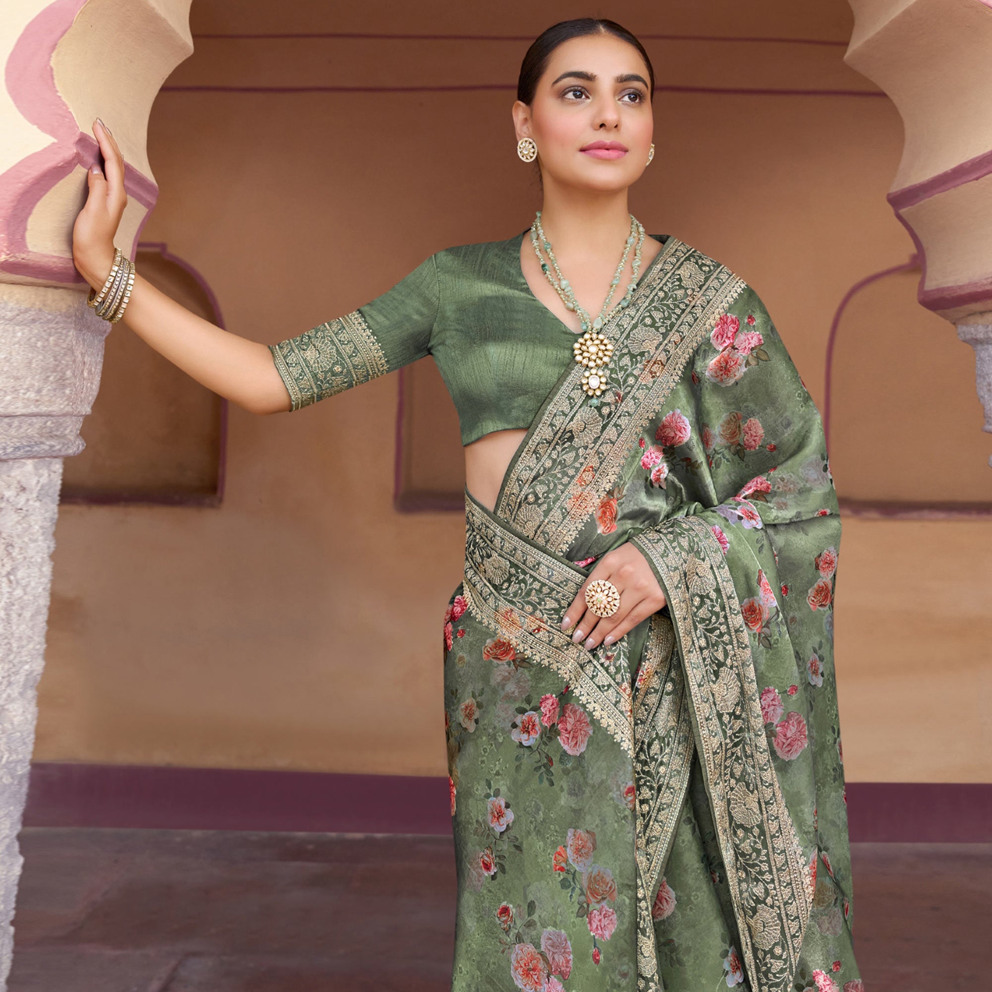 Olive Green Floral Printed With Embroidered Organza Saree