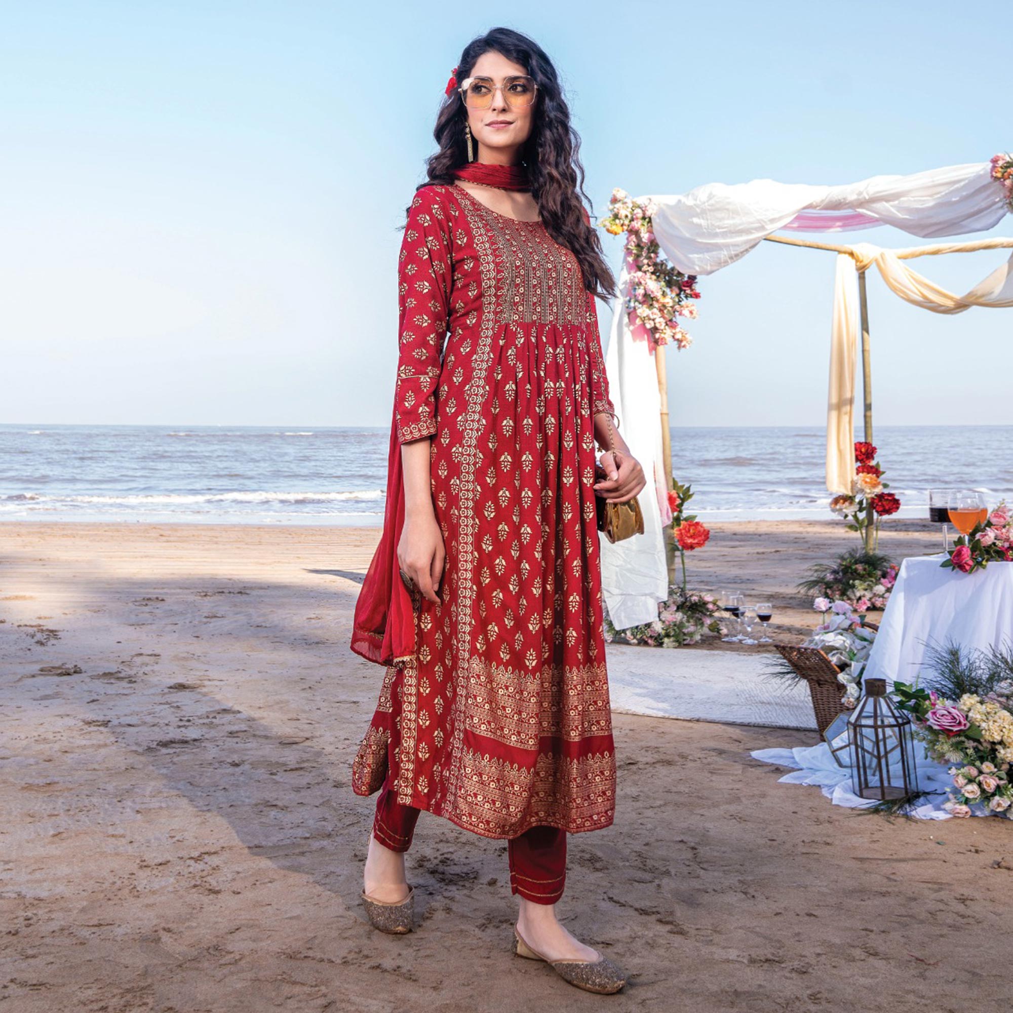Red Foil Printed Rayon Naira Cut Suit