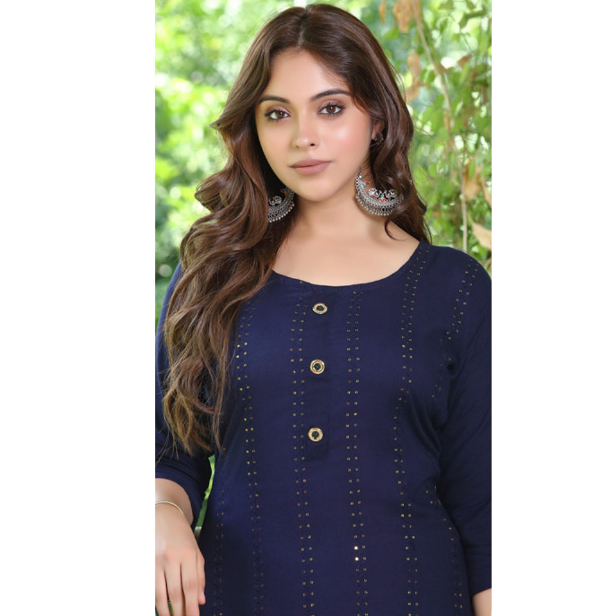 Navy Blue Embroidered Rayon Kurti