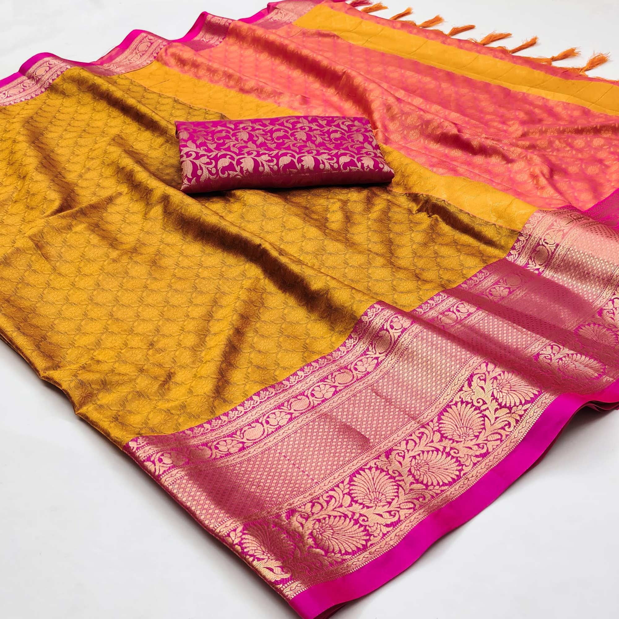 Golden Printed And Woven Cotton Silk Saree With Tassels