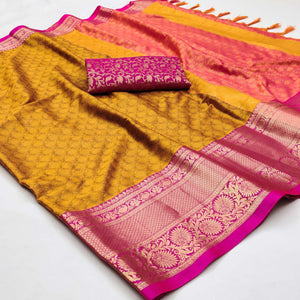Golden Printed And Woven Cotton Silk Saree With Tassels
