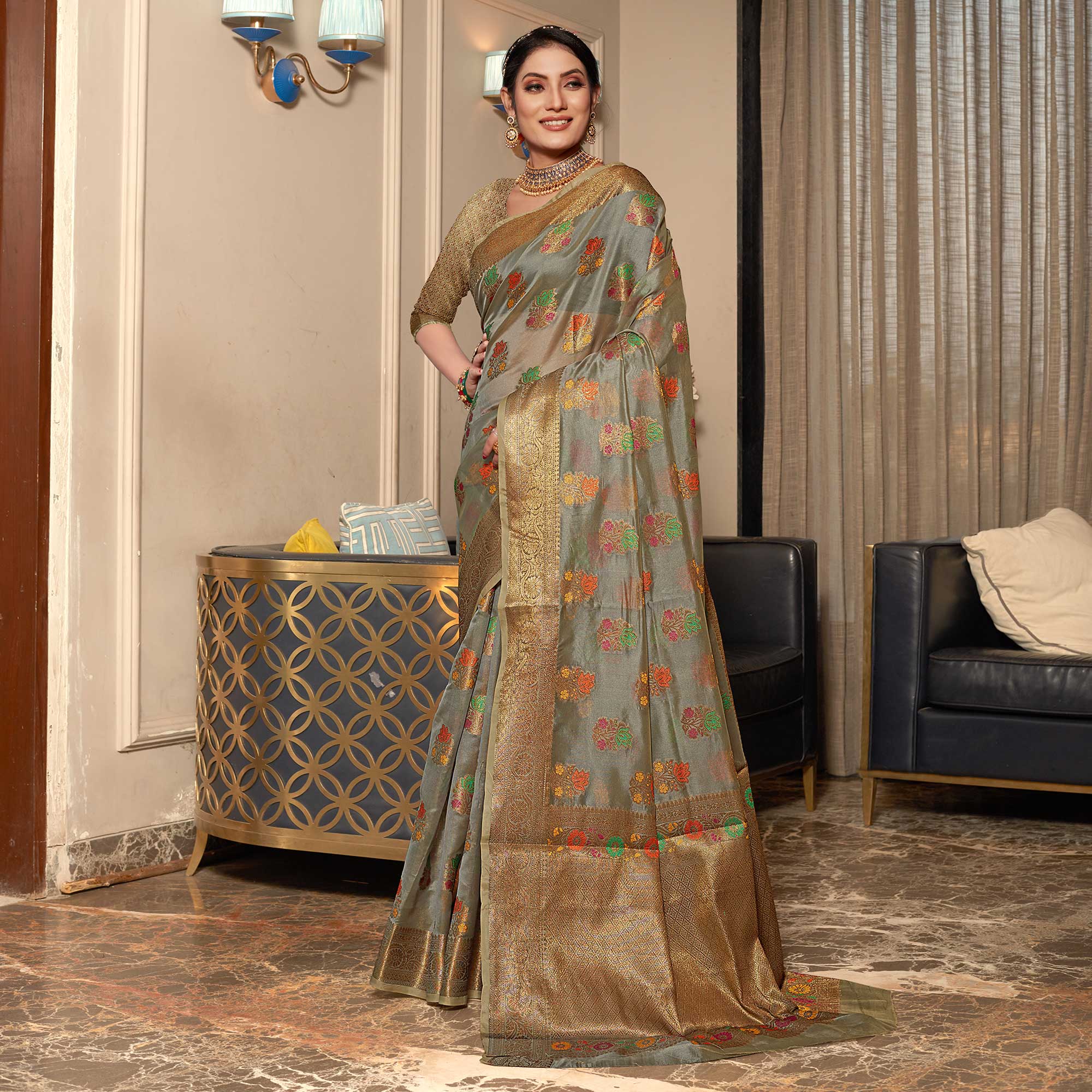 Grey Floral Woven Organza Saree