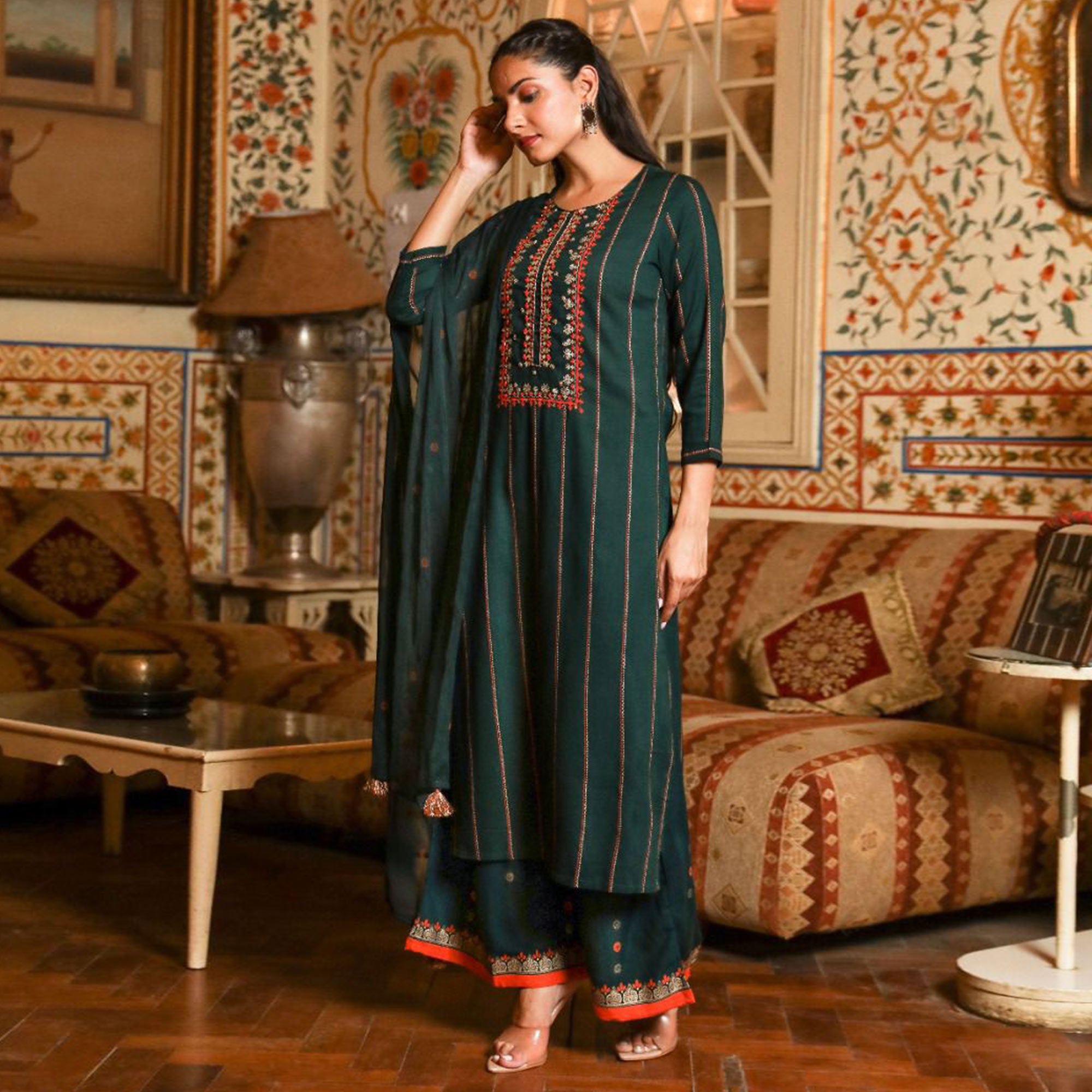 Green Printed With Embroidered Rayon Palazzo Suit
