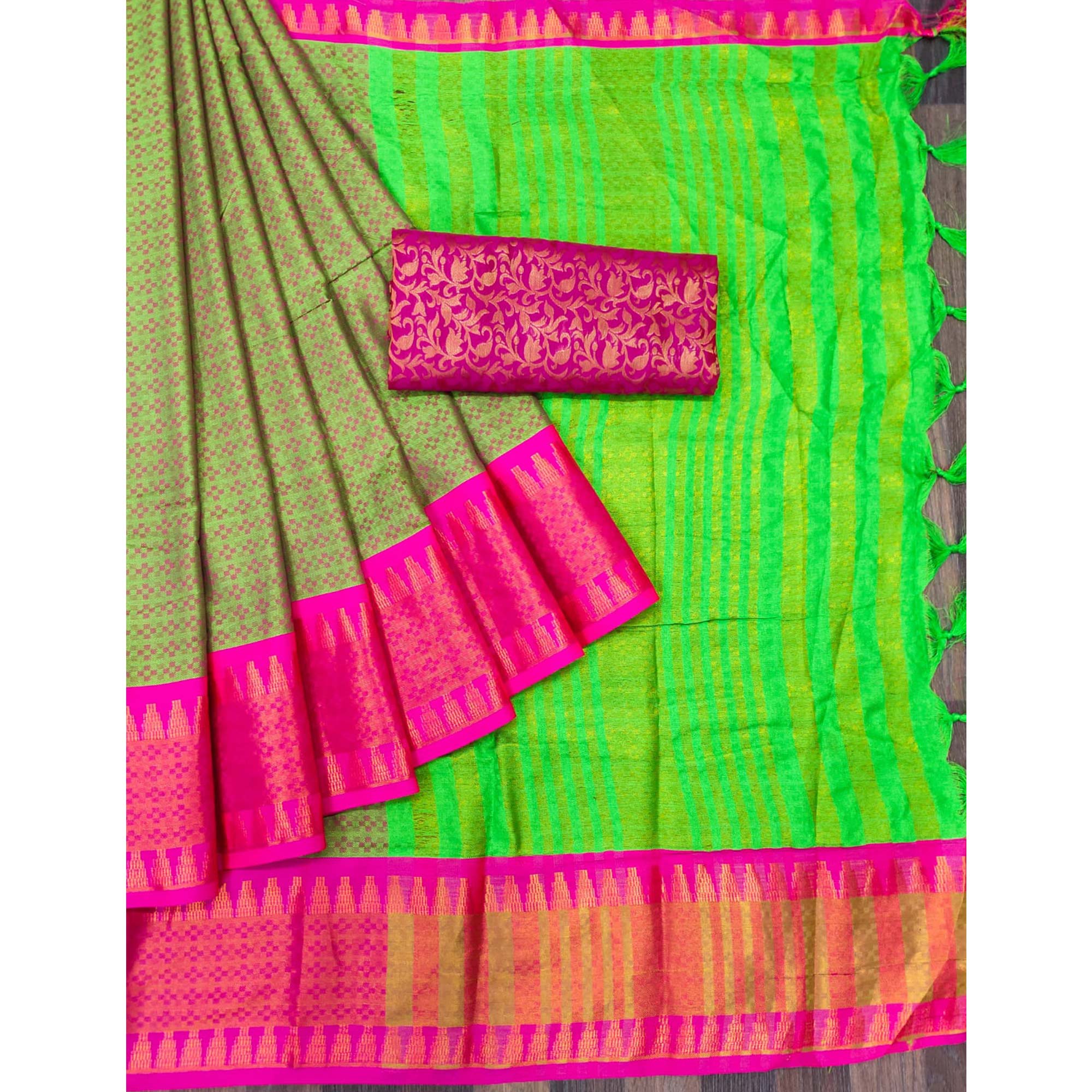 Parrot Green Woven Cotton Silk Saree With Tassels