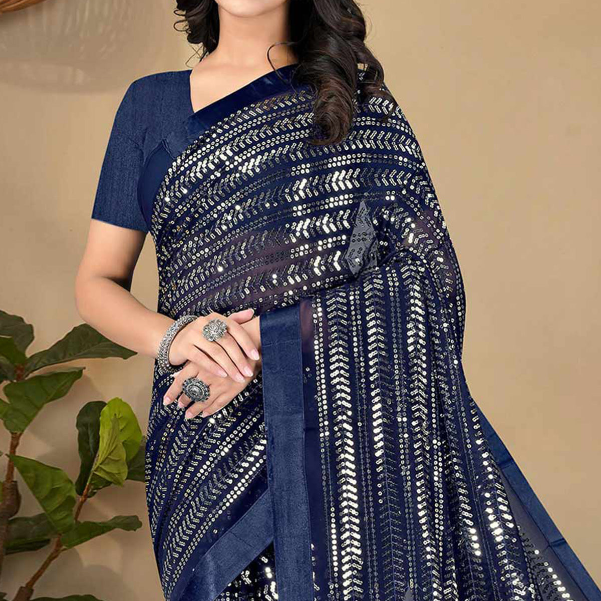 Navy Blue Sequins Embroidered Georgette Saree