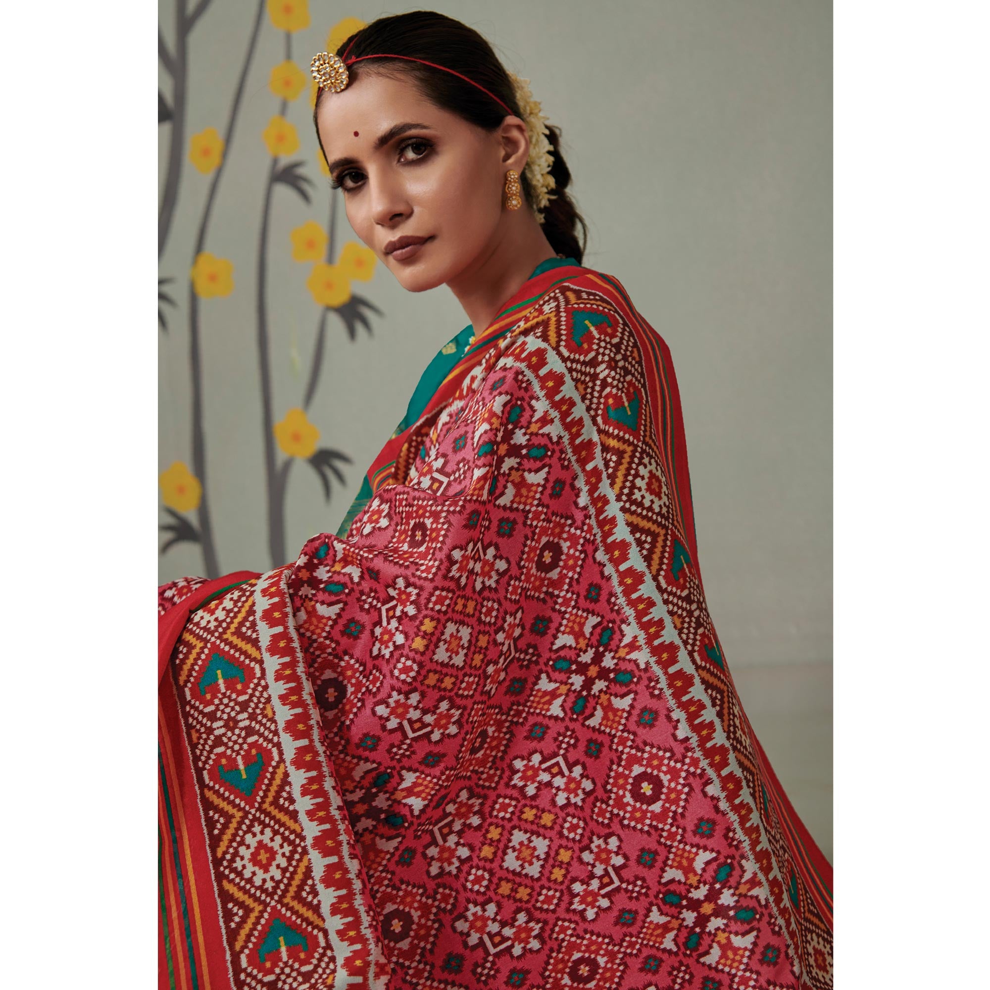 Rose Pink Printed Patola Art Silk Saree With Tassels