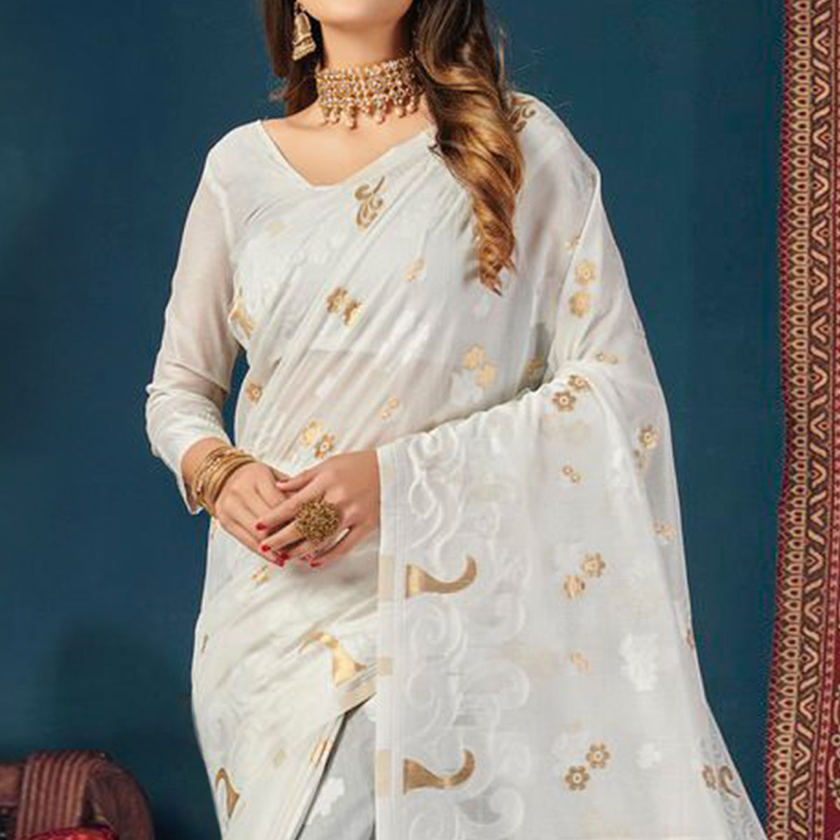 White Woven Cotton Blend Saree With Tassels