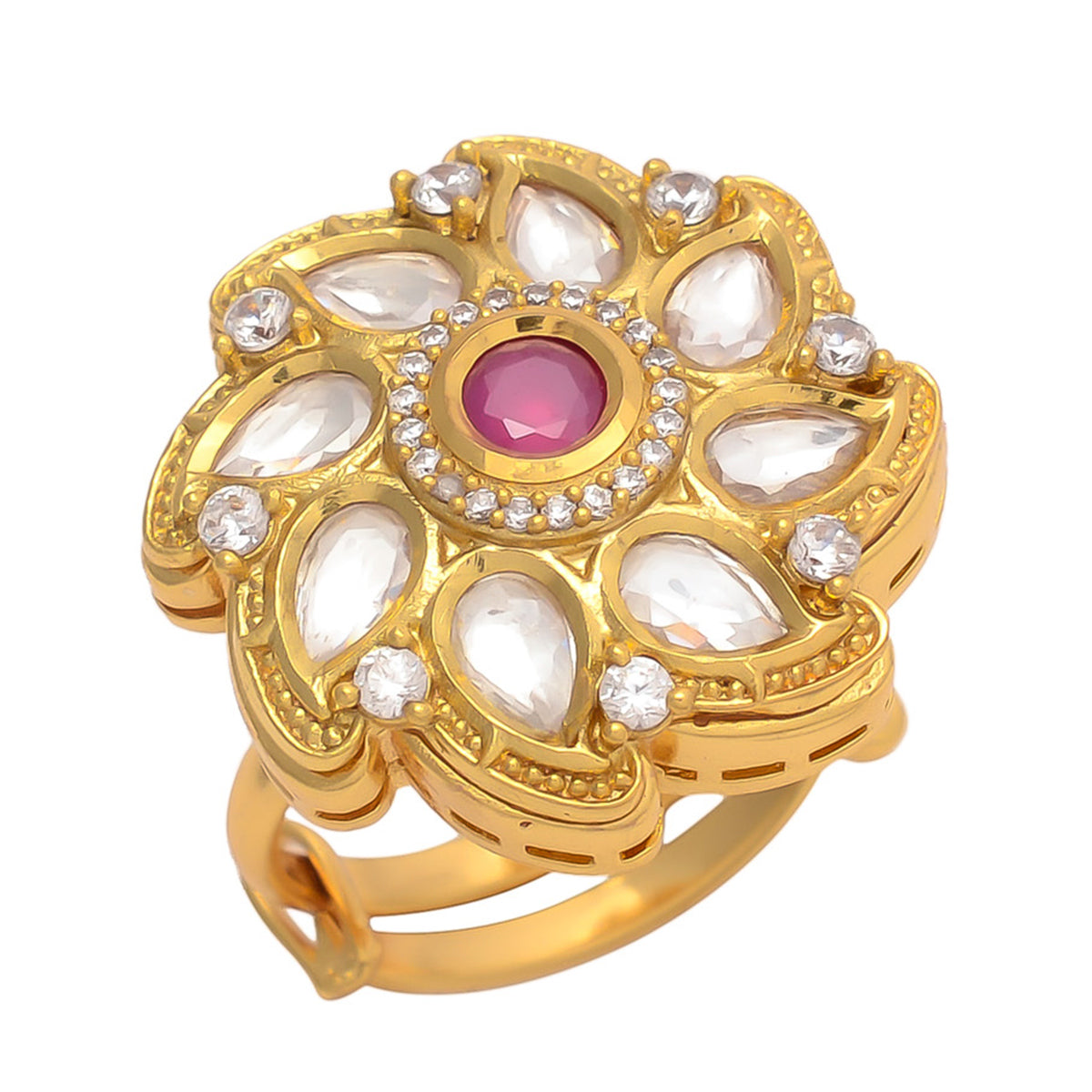 Gold Polish American Diamond Red Stone Kundan Adjustable Ring