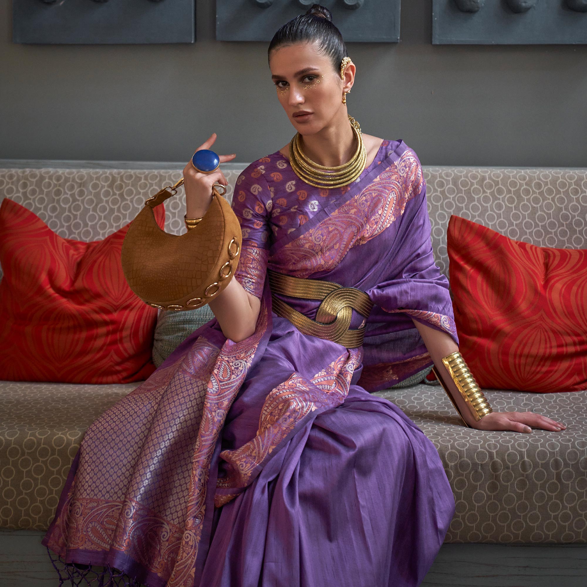 Violet Woven Tussar Silk Saree With Tassels