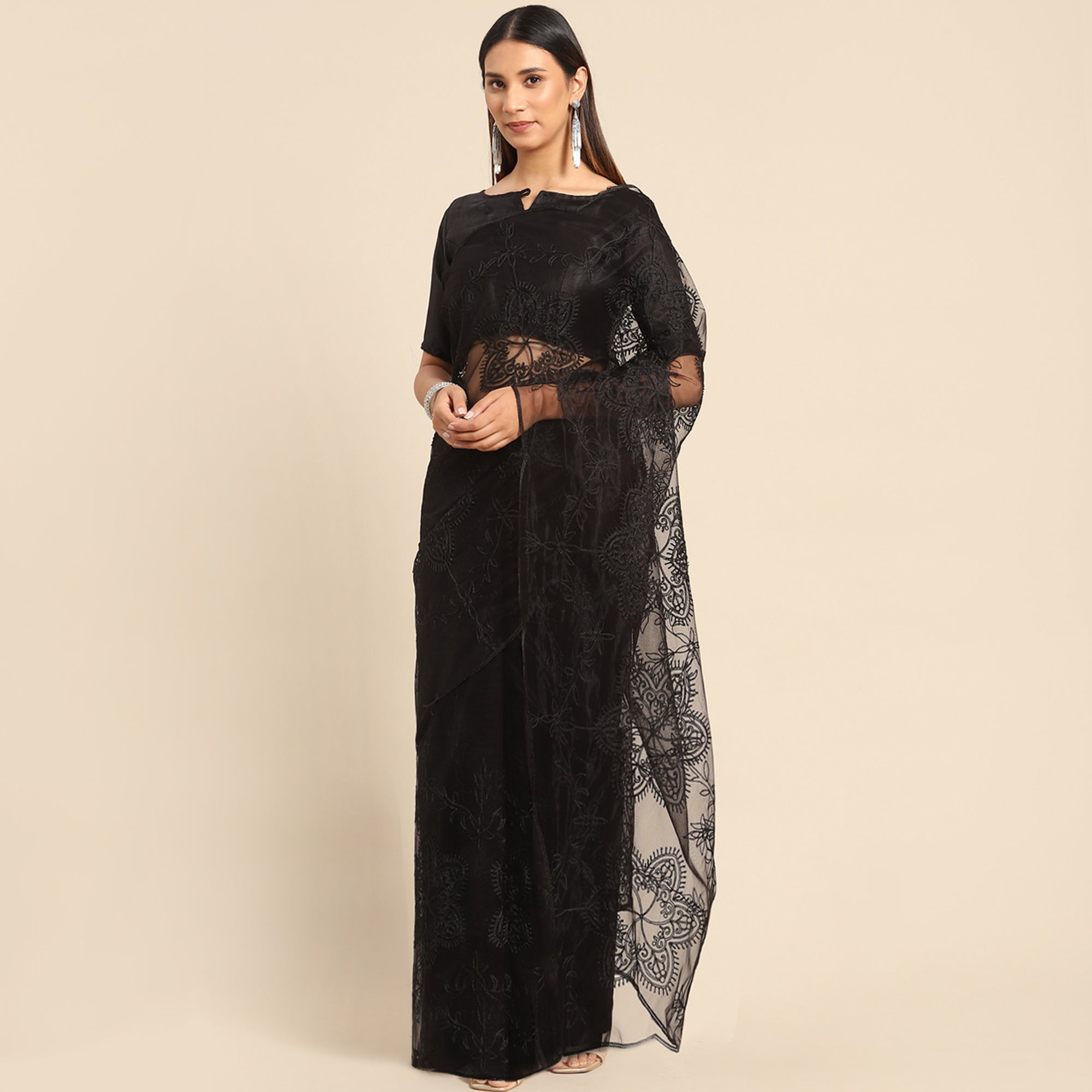 Black Floral Embroidered Net Saree