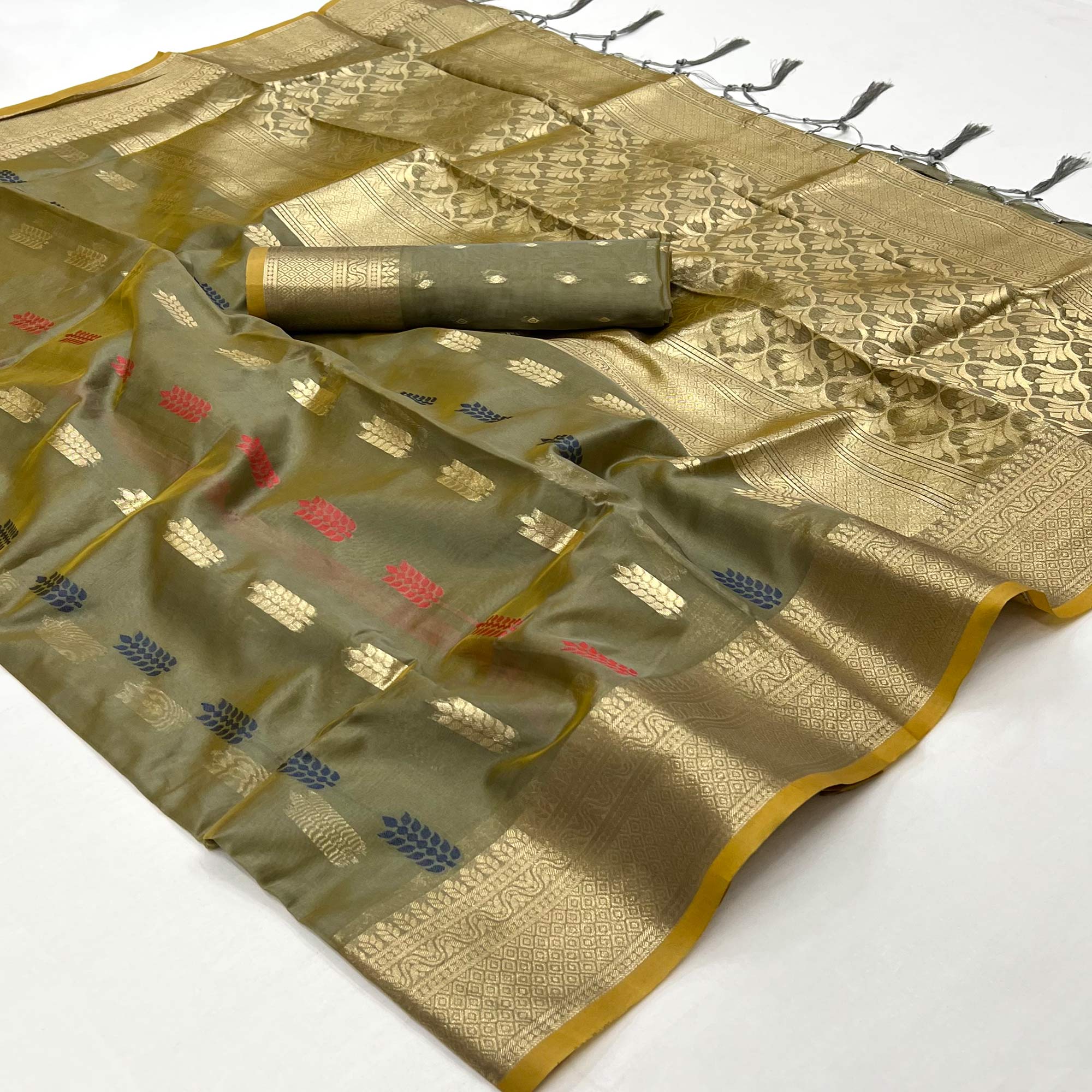 Grey Floral Woven Organza Saree