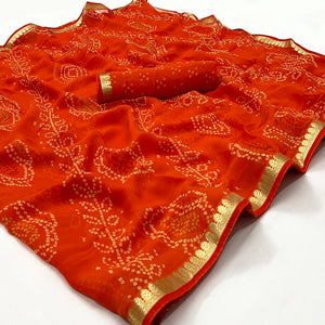 Orange Bandhani Printed Georgette Saree With Designer Border
