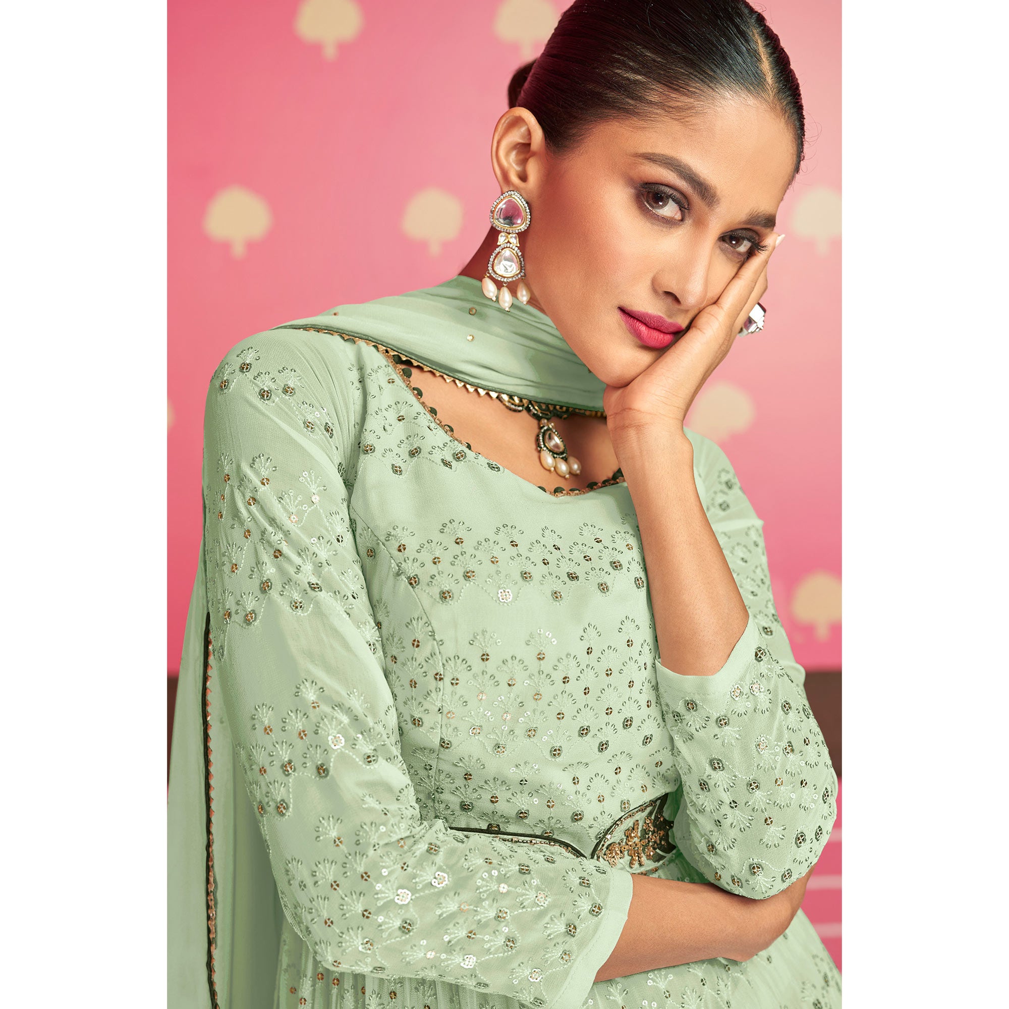 Pista Green Sequins Embroidered Georgette Naira Cut Suit