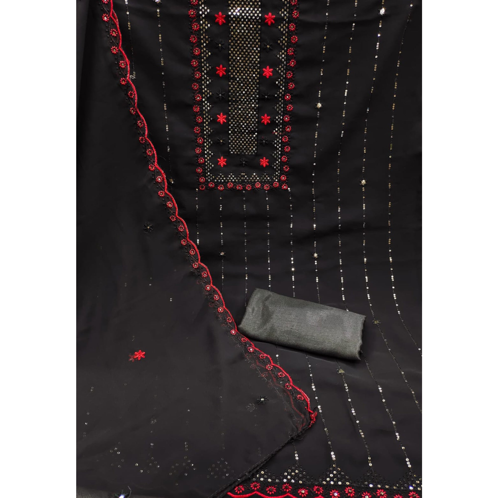 Black Sequins Embroidered Georgette Dress Material