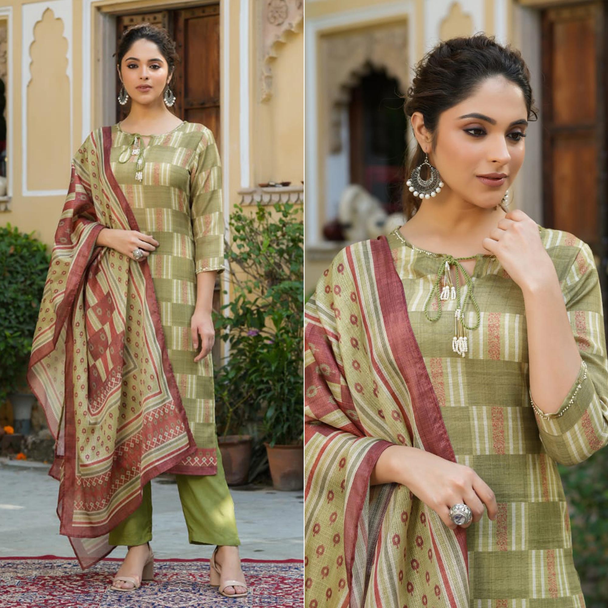 Mehendi Green Checked Printed Rayon Suit