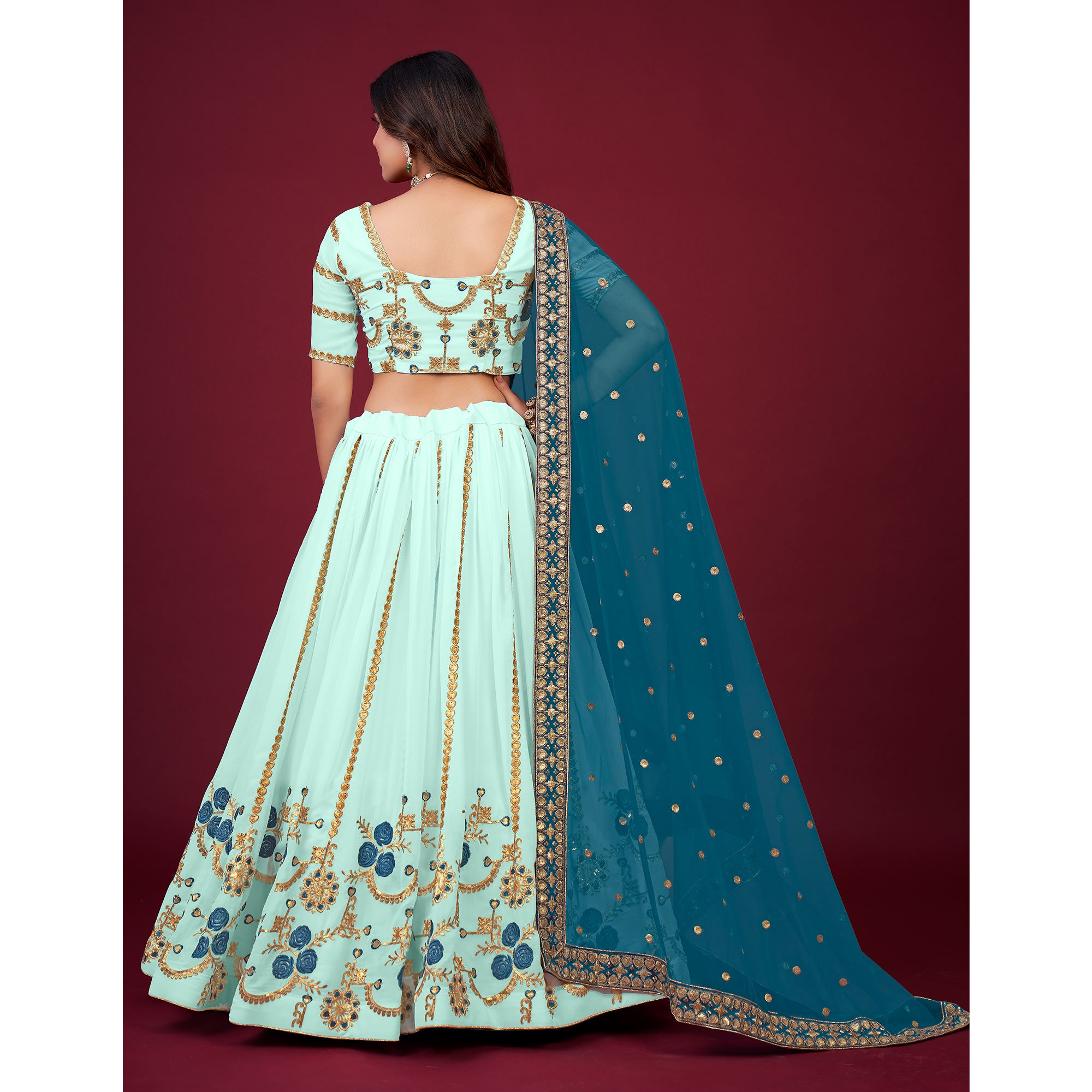 Sky Blue Embroidered Georgette Lehenga Choli