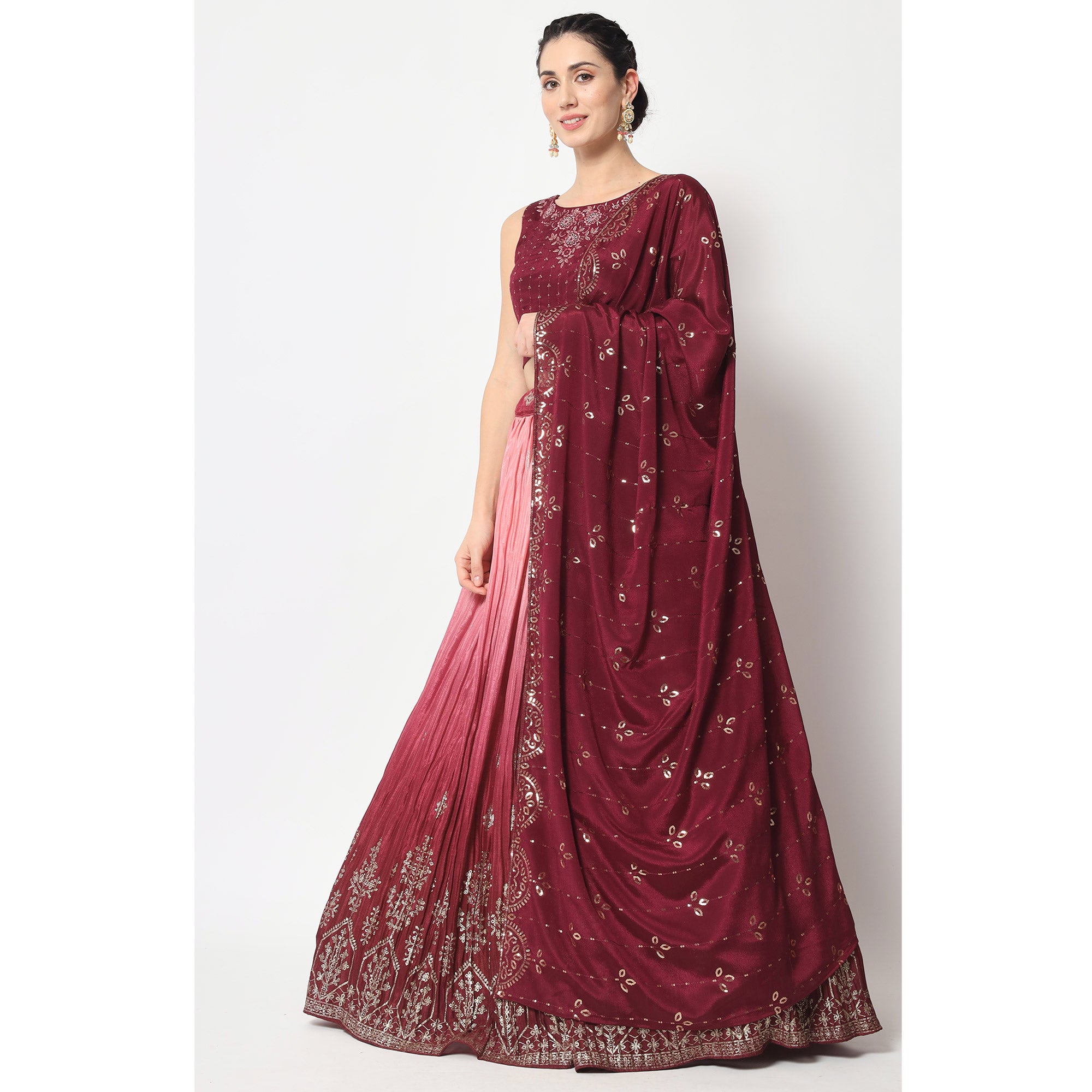 Pink & Maroon Foil Printed Chiffon Lehenga Choli