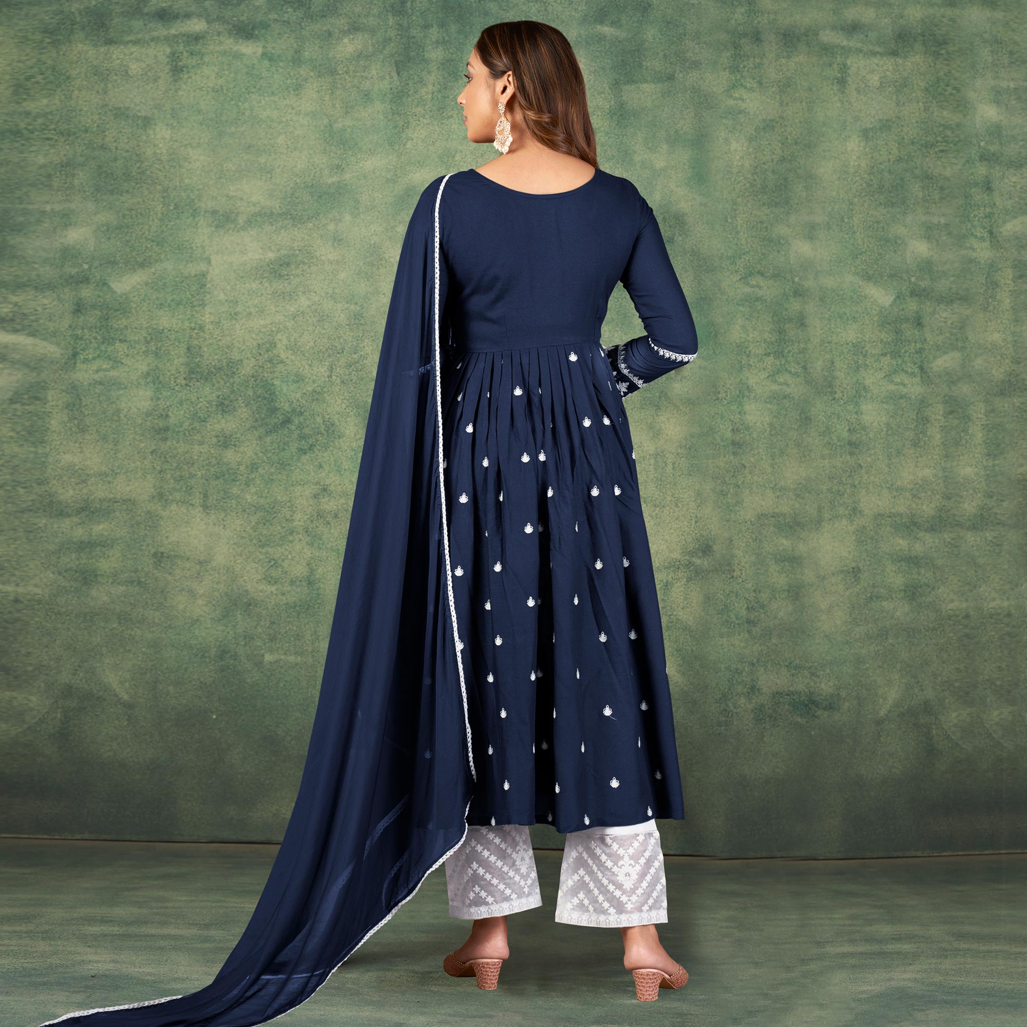 Navy Blue Lucknowi Work Rayon Naira Cut Palazzo Suit