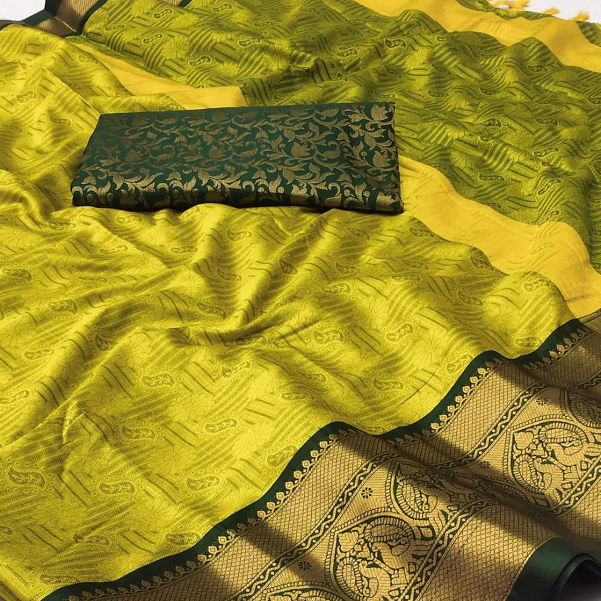 Lemon Green Woven Cotton Silk Saree With Tassels