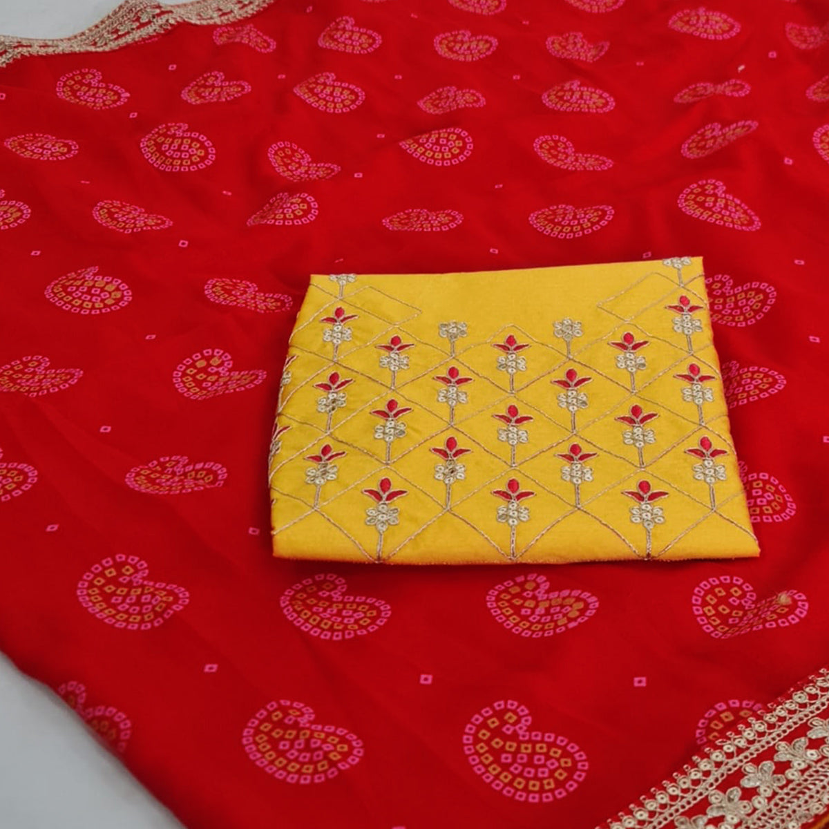 Red Bandhani Printed With Sequins Vichitra Silk Saree