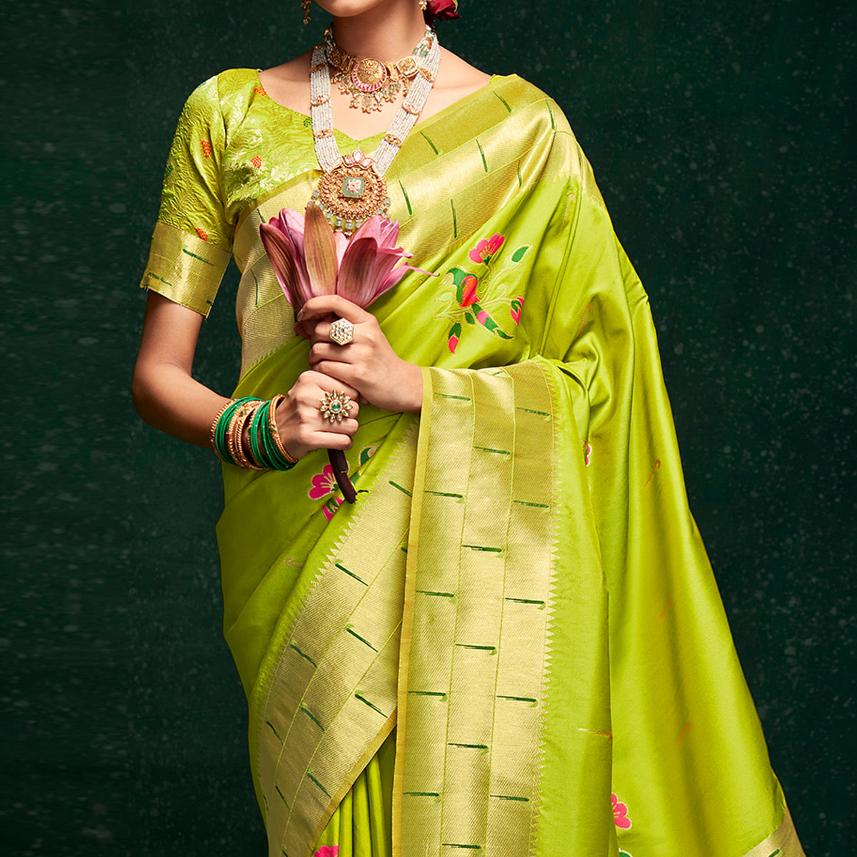 Parrot Green Woven Pure Silk Paithani Saree With Tassels