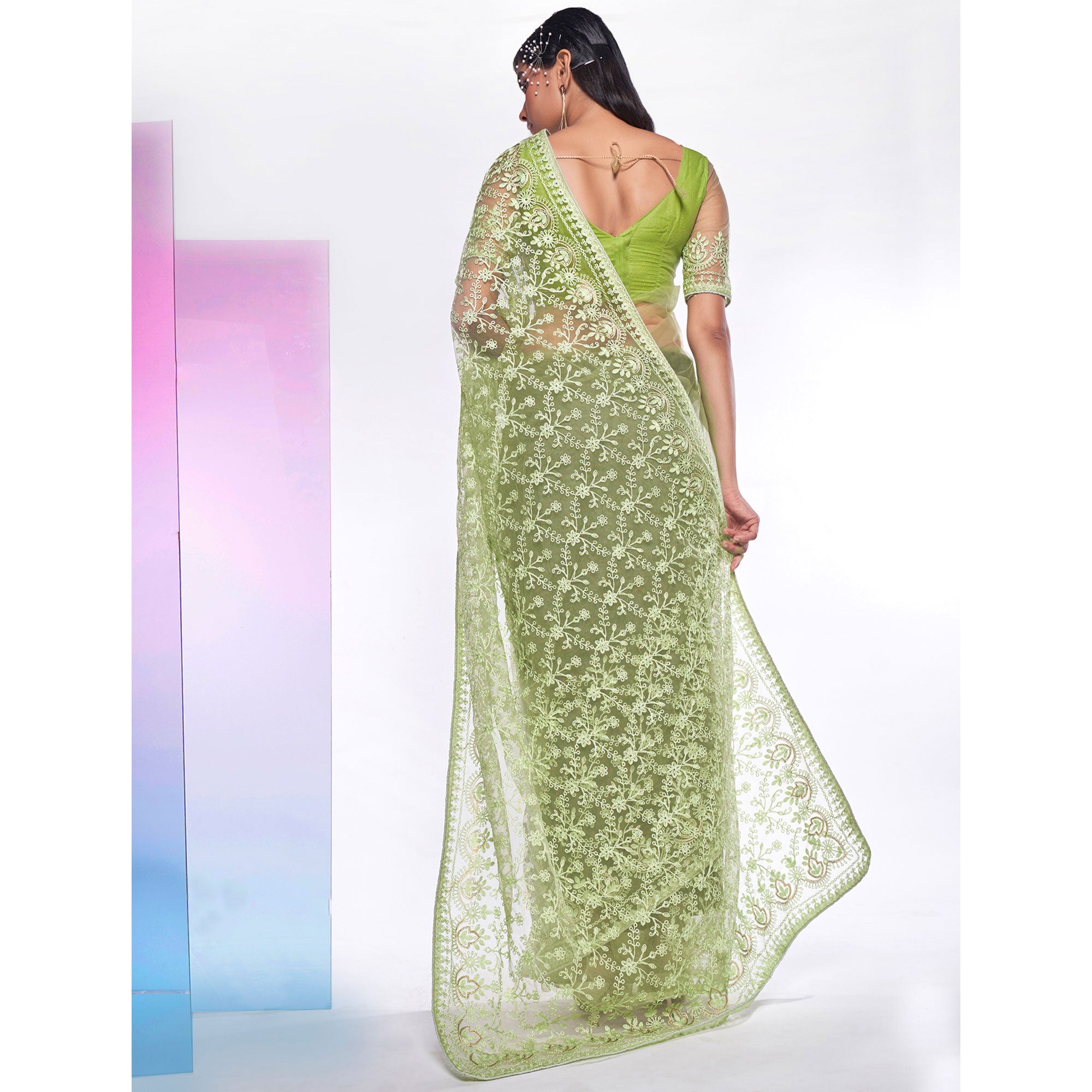 Green Floral Embroidered Net Saree