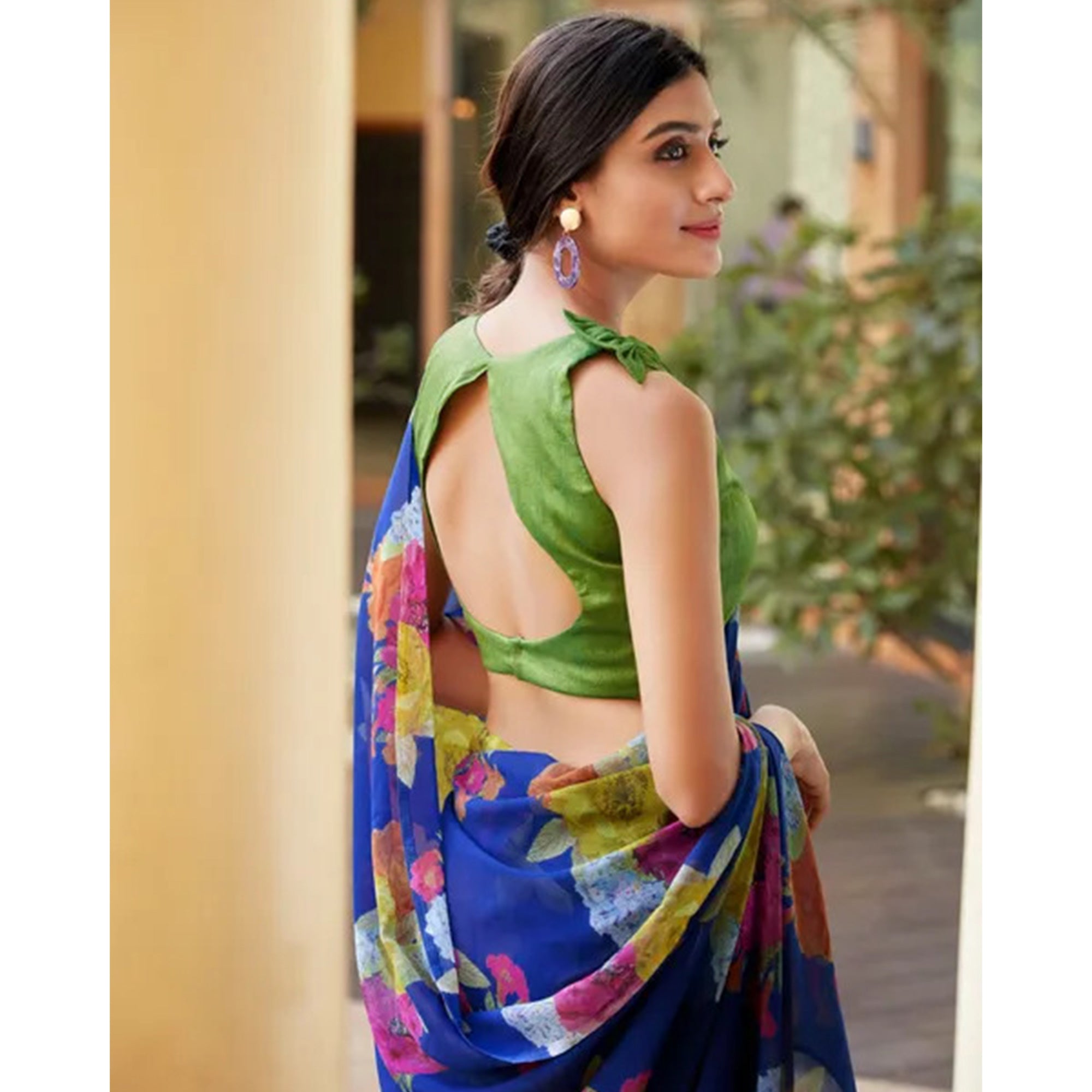 Royal Blue Floral Digital Printed Georgette Saree