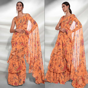 Orange Floral Printed Georgette Frill Saree