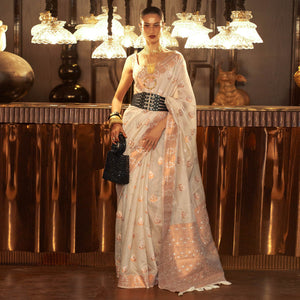 Beige Woven Linen Saree With Tassels