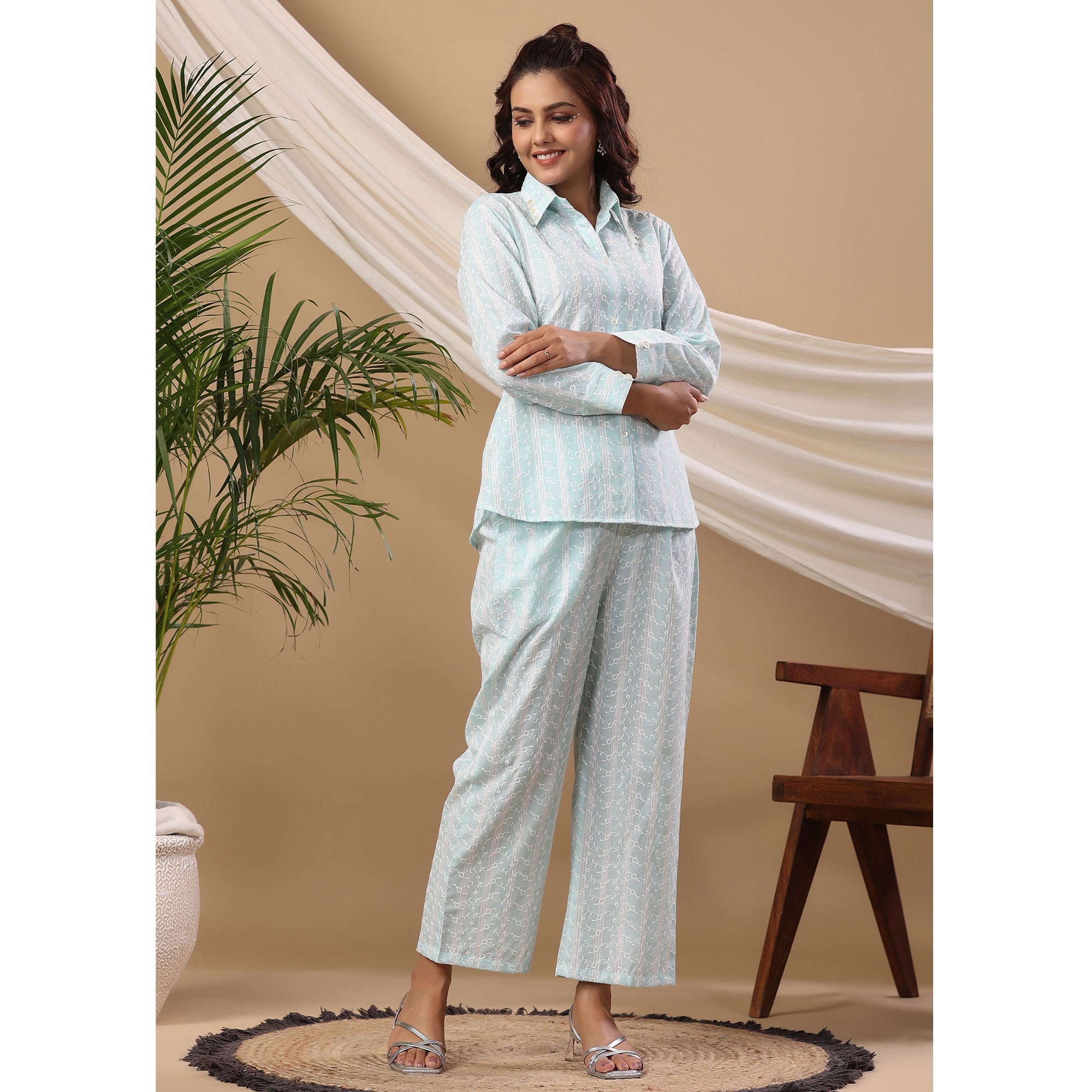 Light Blue Embroidered Pure Cotton Co Ord Set