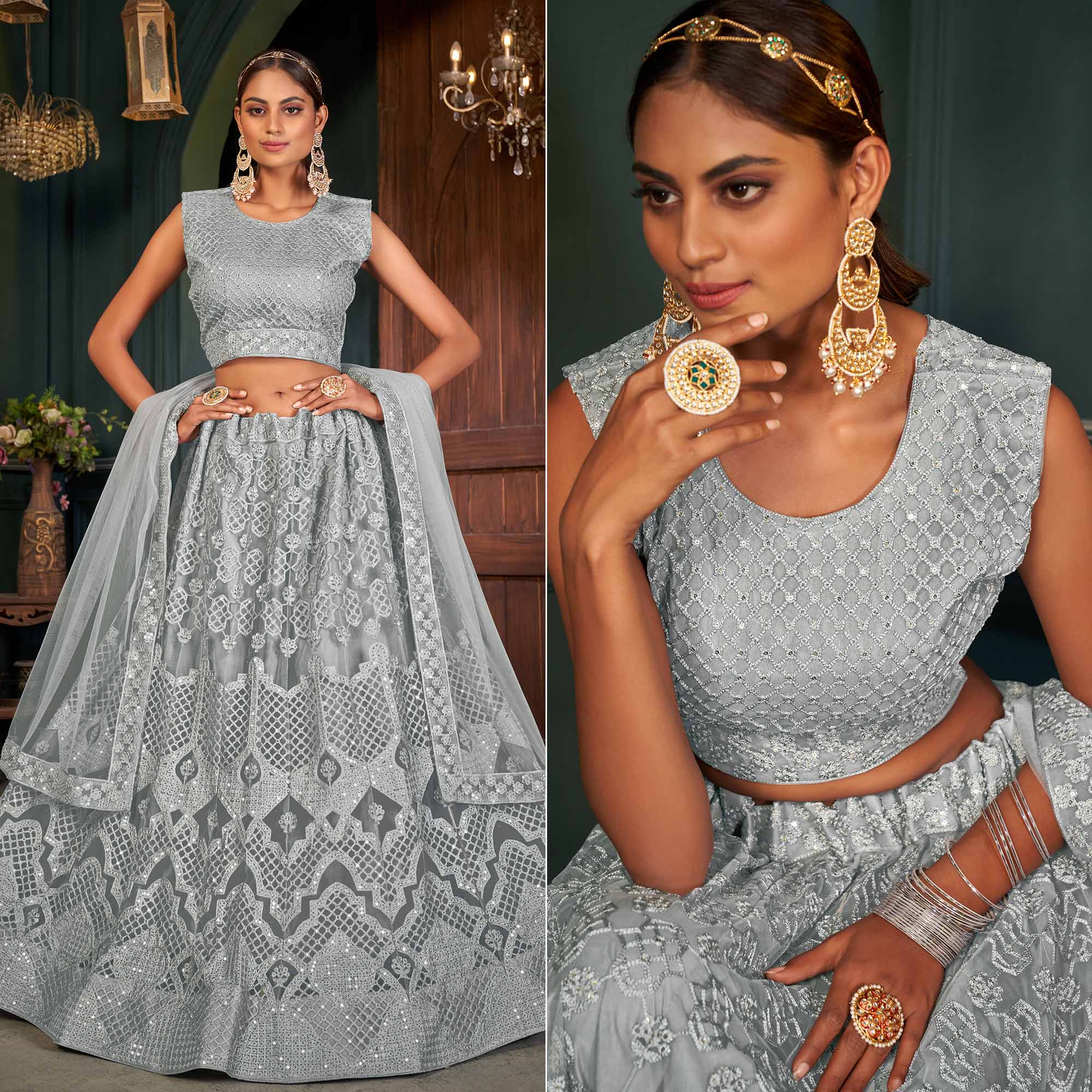 Grey Sequins Embroidered Netted Lehenga Choli