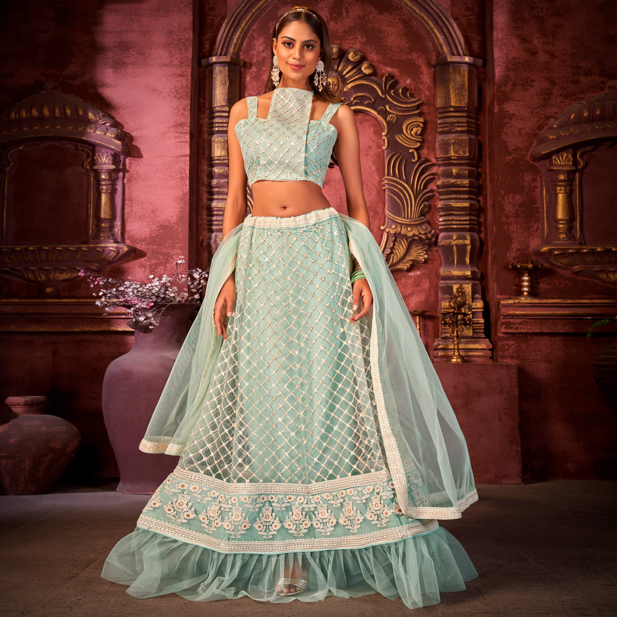 Blue Floral Sequins Embroidered Net Lehenga Choli