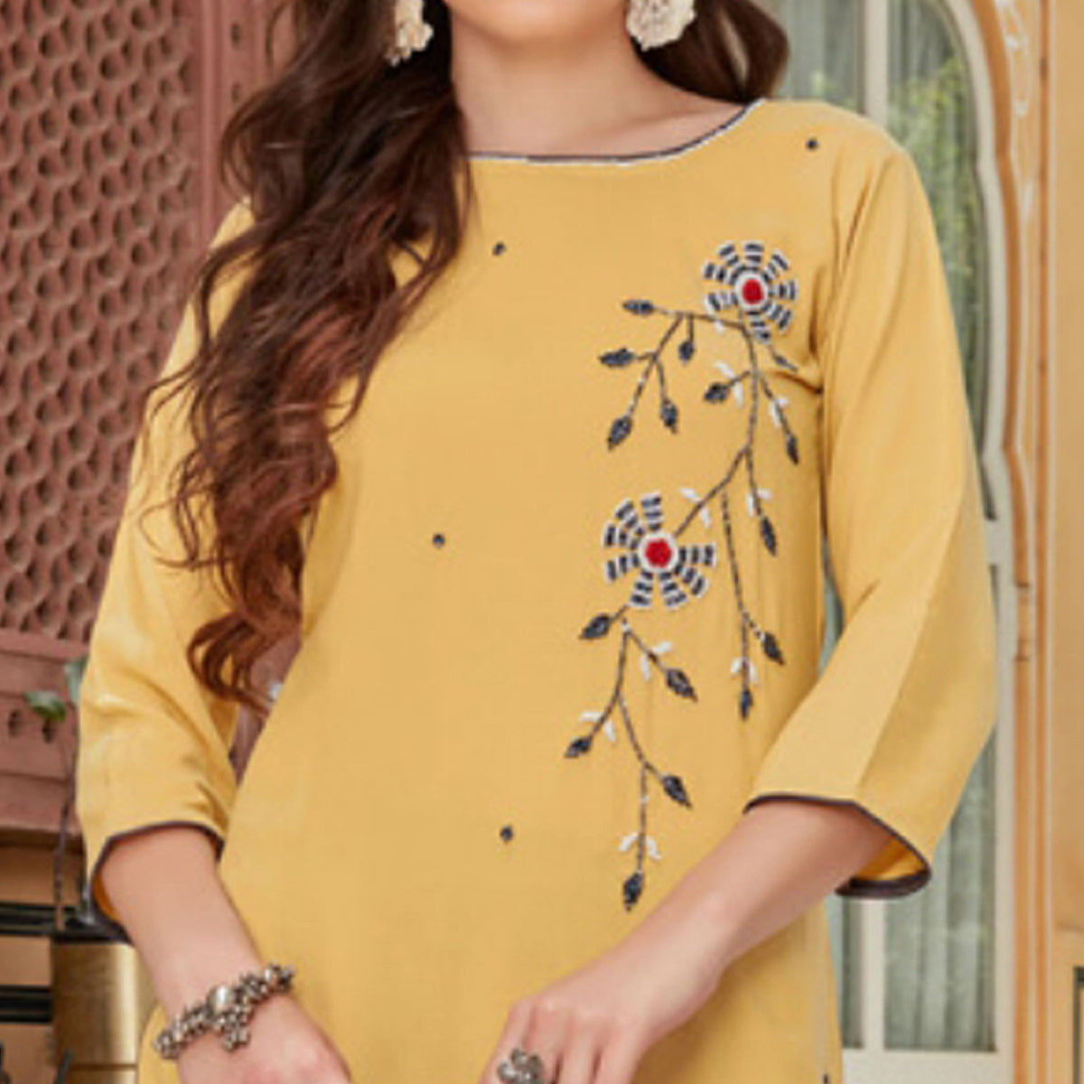 Mustard Embroidered Rayon Kurti