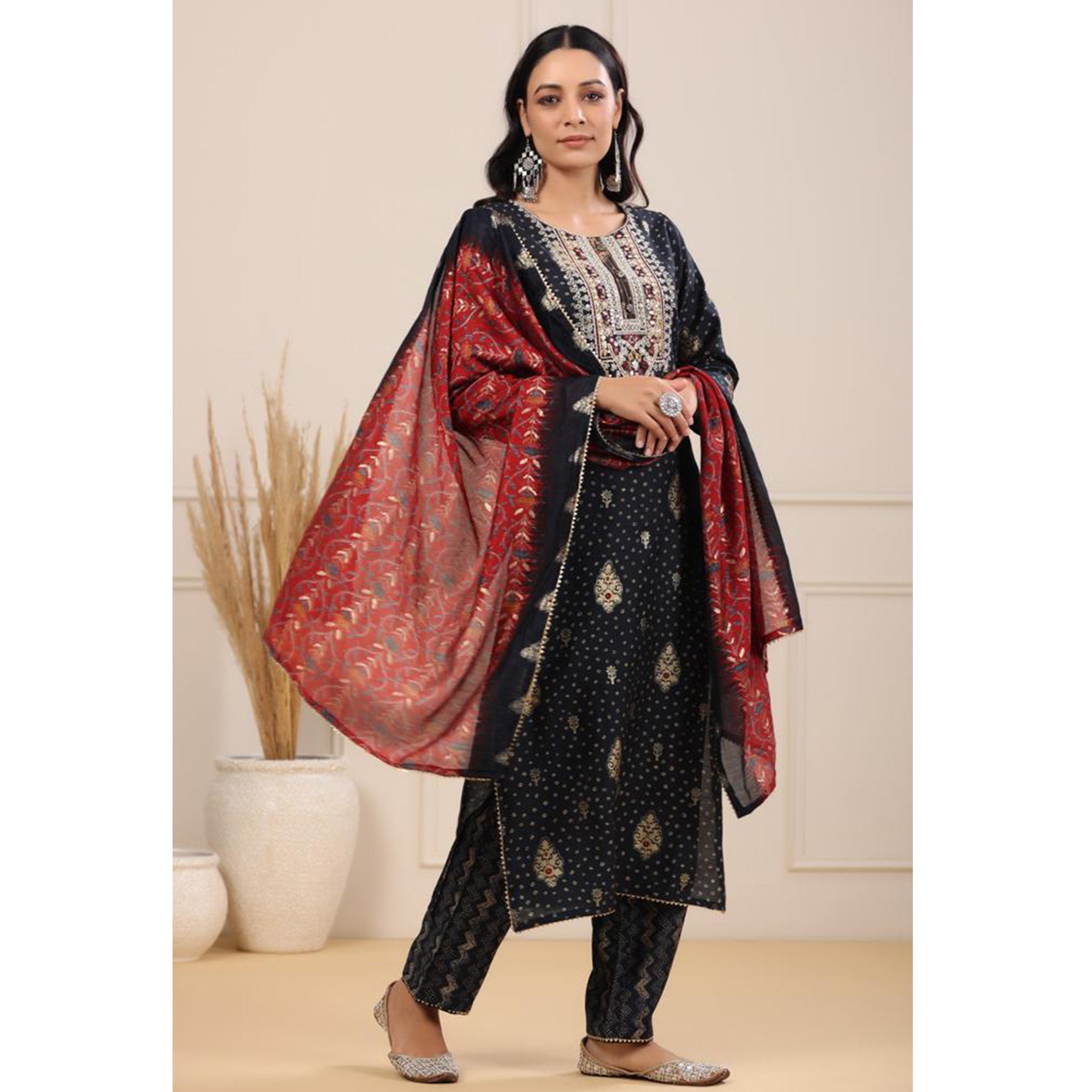 Black Jaipuri Printed With Embroidered Chanderi Salwar Suit