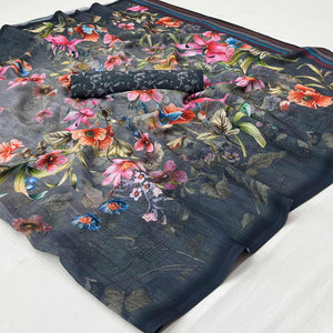 Grey Floral Digital Printed Georgette Saree