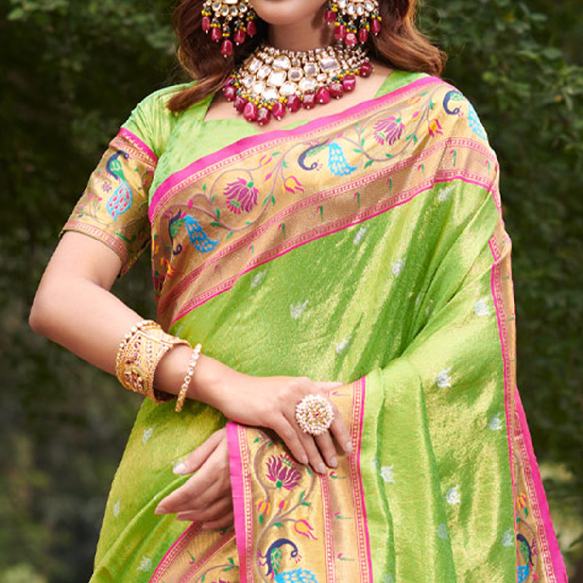 Parrot Green Woven Art Silk Paithani Saree With Tassels