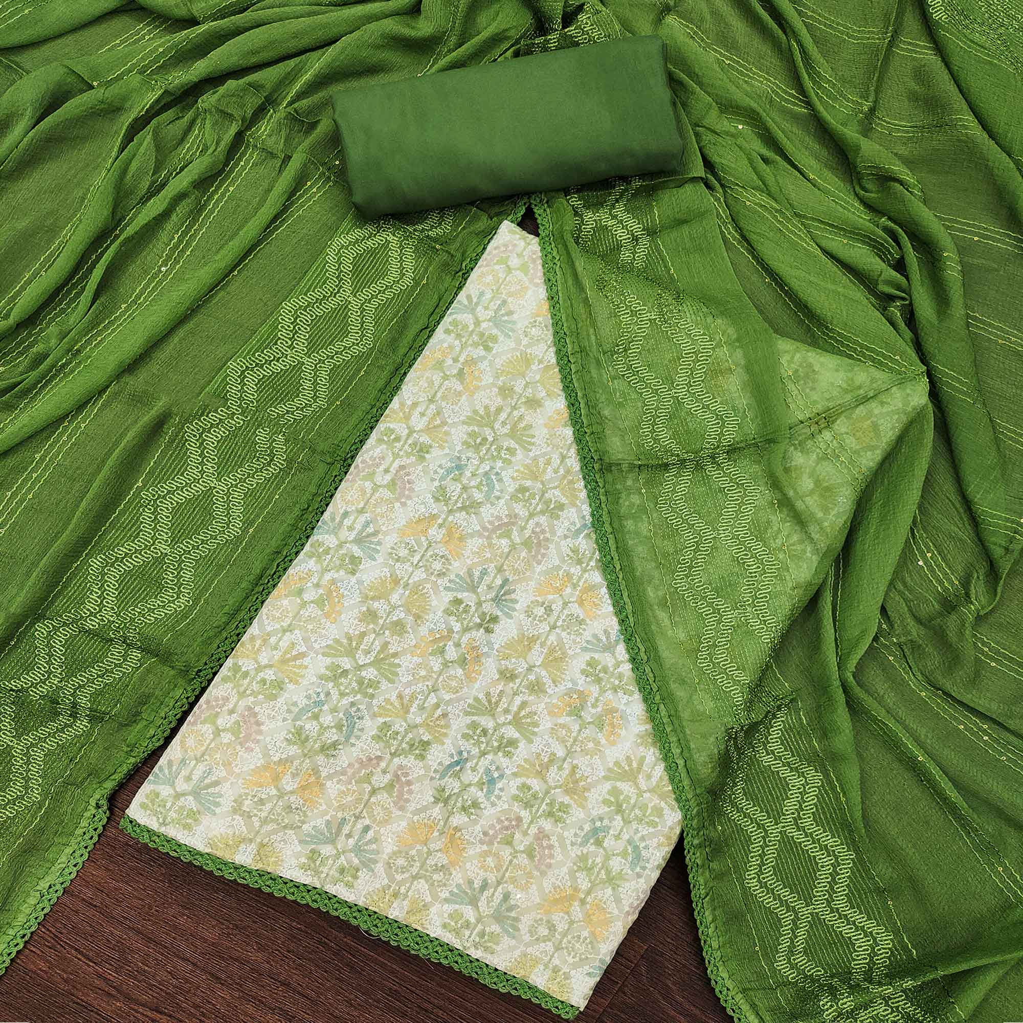 Green Digital Printed With Embroidered Georgette Dress Material