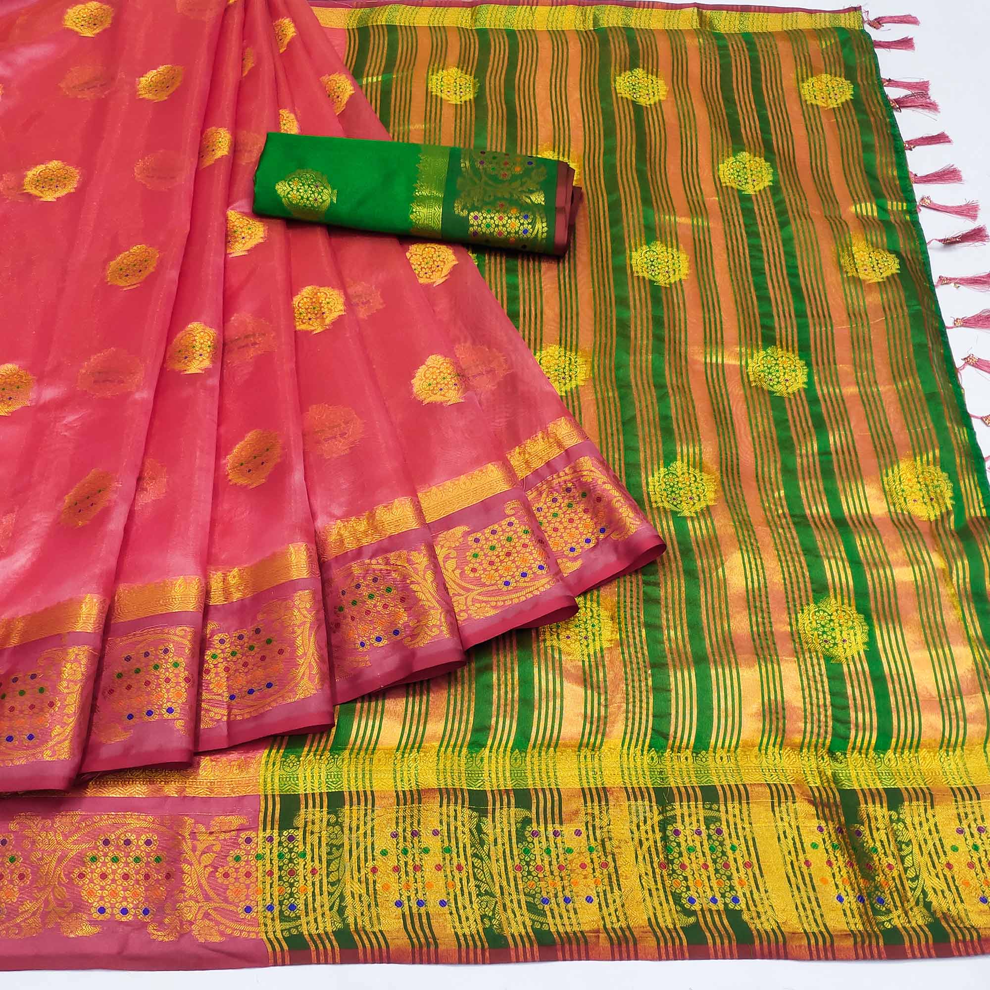 Pink Floral Woven Organza Saree With Tassels