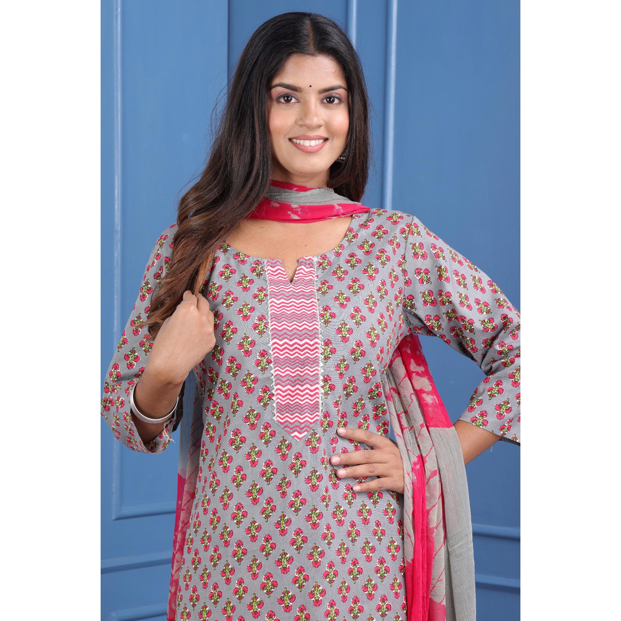 Grey Jaipuri Printed Pure Cotton Suit