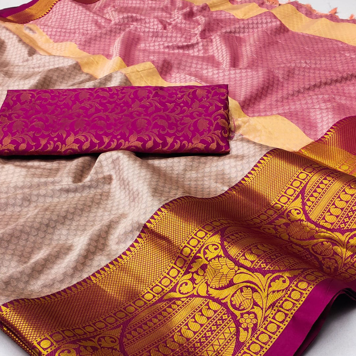 Baby Pink Woven Cotton Silk Saree With Tassels