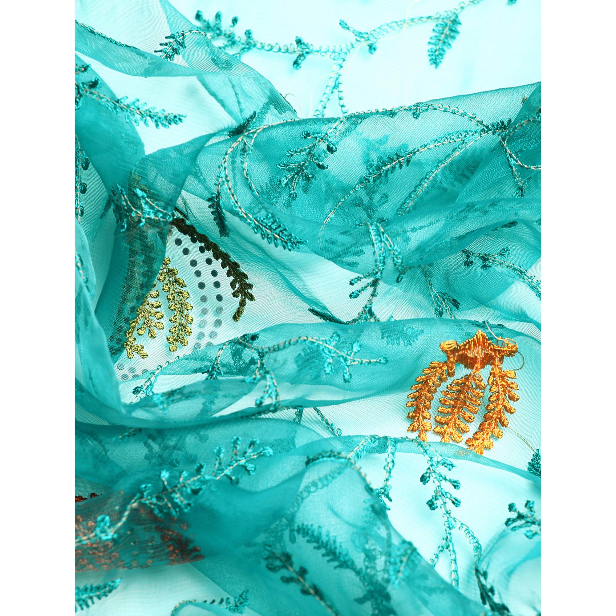 Turquoise Floral Embroidered Organza Saree