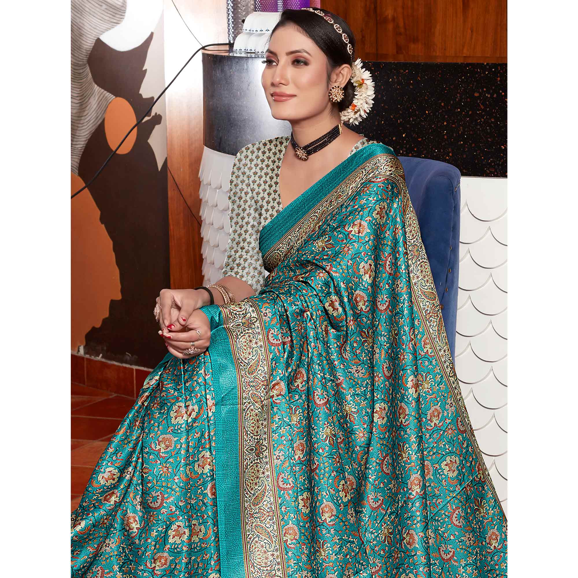 Rama Blue Digital Printed Pashmina Saree