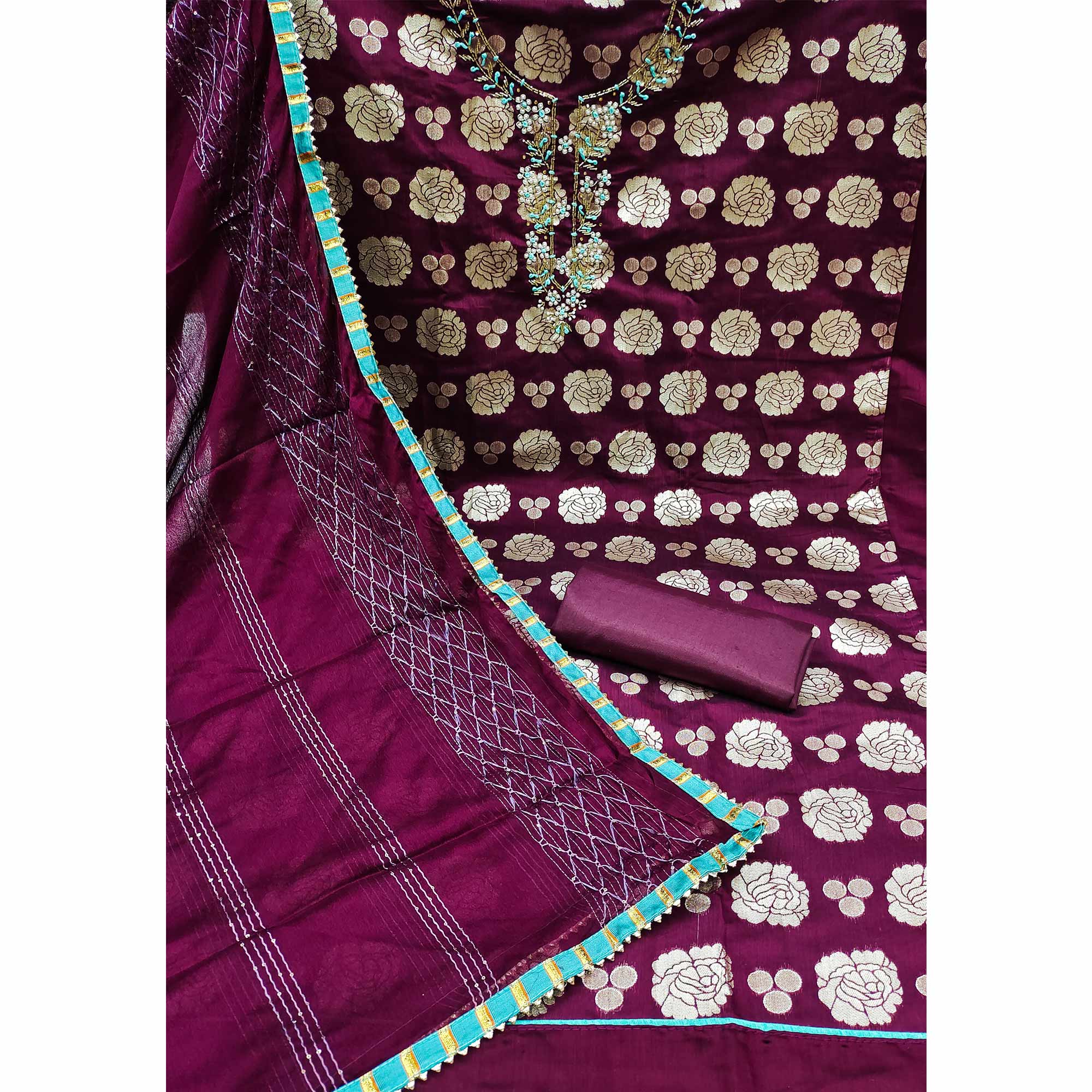 Wine Woven Banarasi Silk Dress Material