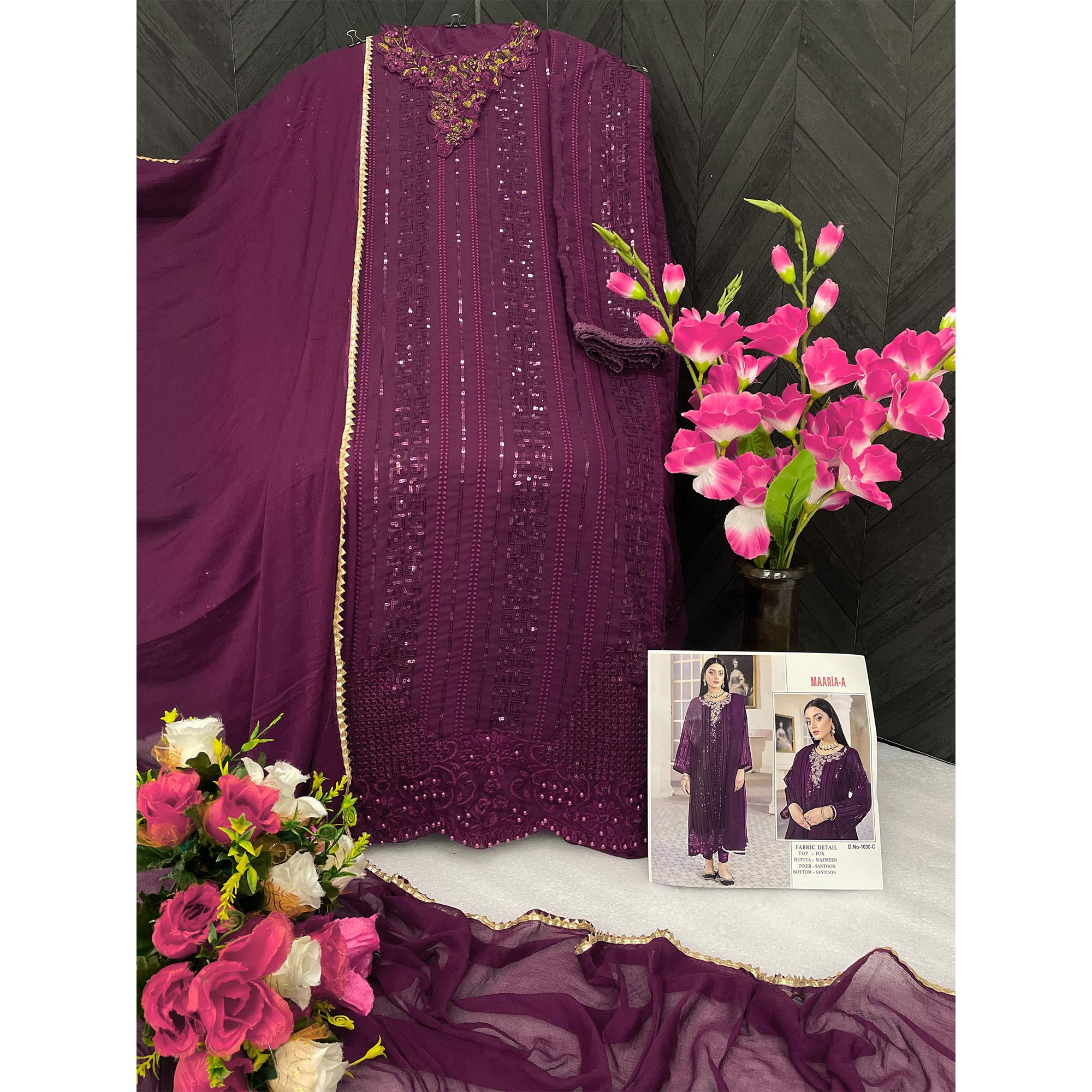 Wine Sequins Embroidered Georgette Pakistani Suit